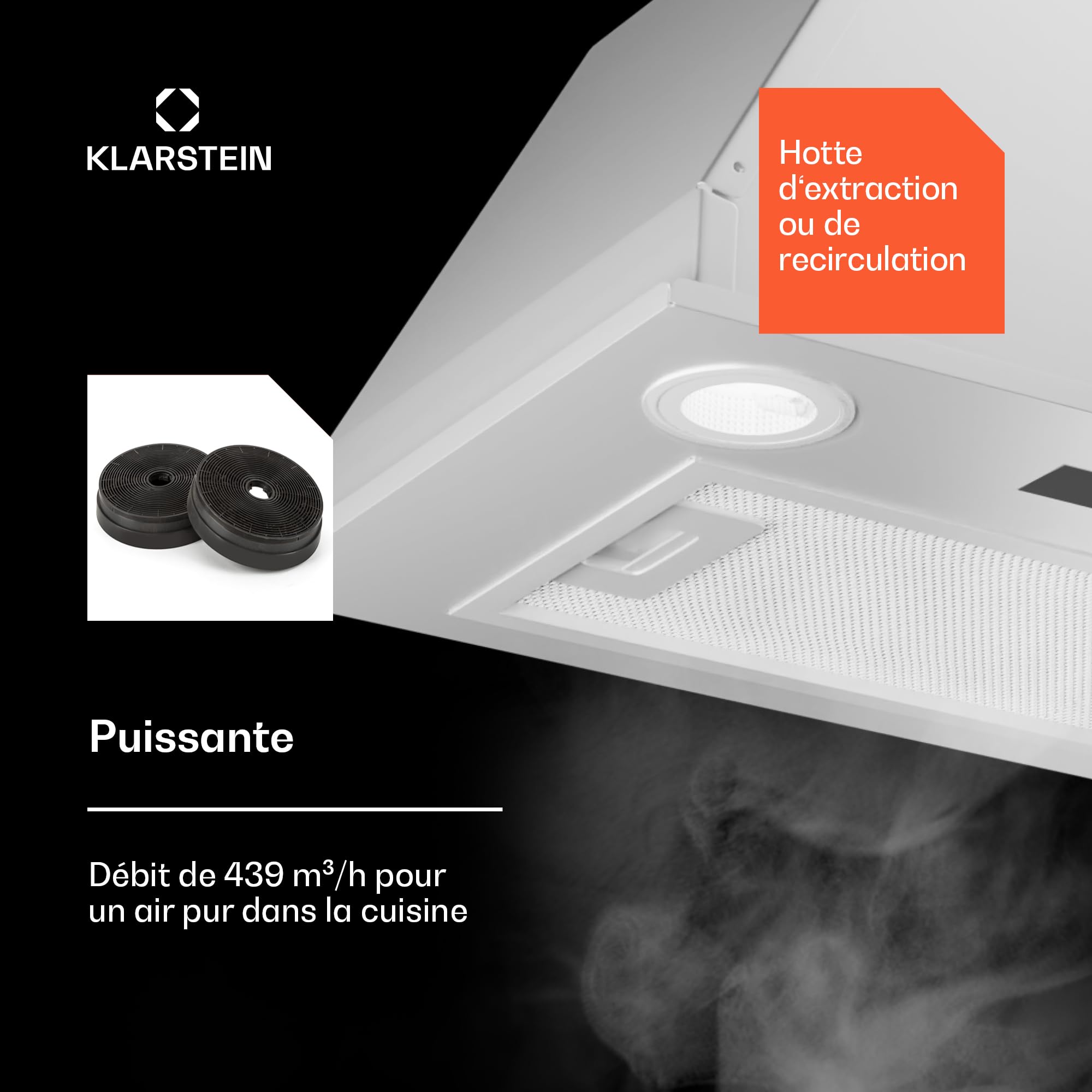 Klarstein Hotte Aspirante Encastrable 52 cm, Hotte Aspirante Silencieuse, Hotte de Cuisine avec Lampes LED, Débit d'Air Puissant 439 m³/h, Minuterie, Commandes Tactiles, Hotte avec Évacuation