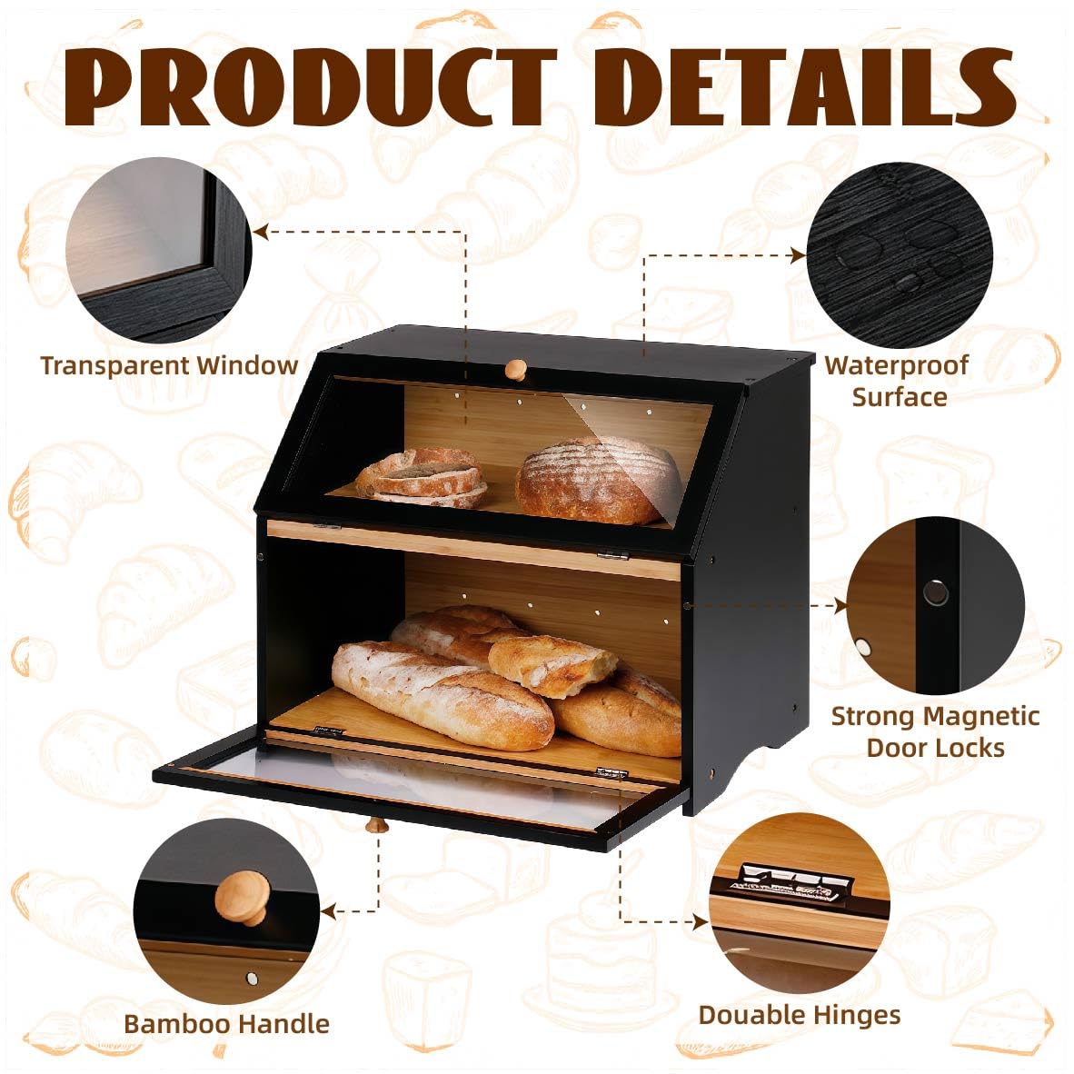 MEETOZ 2-lagiger Bambus-Brotkasten, große Kapazität, Brotaufbewahrungsbehälter mit klarem Acrylfenster, schwarze Brotkörbe für Küche, für selbstgemachtes Brot, Desserts, Gewürzflaschen, Flaschen