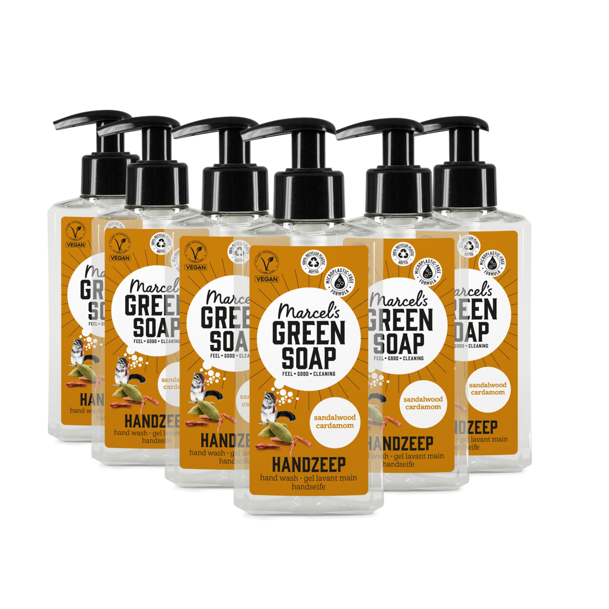 Marcel's Green Soap - Hand Soap Sandalwood & Cardamom - Liquid Handwash Dispenser - Microplastic-free formula - Vegan - 100% recycled plastic bottle - Refillable - 250 ml (Pack of 6)