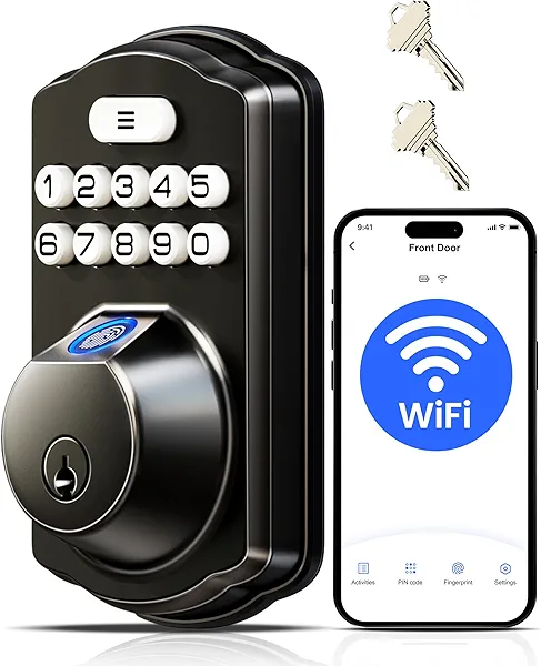 Veise VE012W Built-in WiFi Fingerprint Smart Lock, App Remote Control, No Hub Needed, Keyless Entry, Front Door Smart Deadbolt, Digital Keypad, Auto Lock, IP55 Waterproof, BHMA Grade 3, Matt