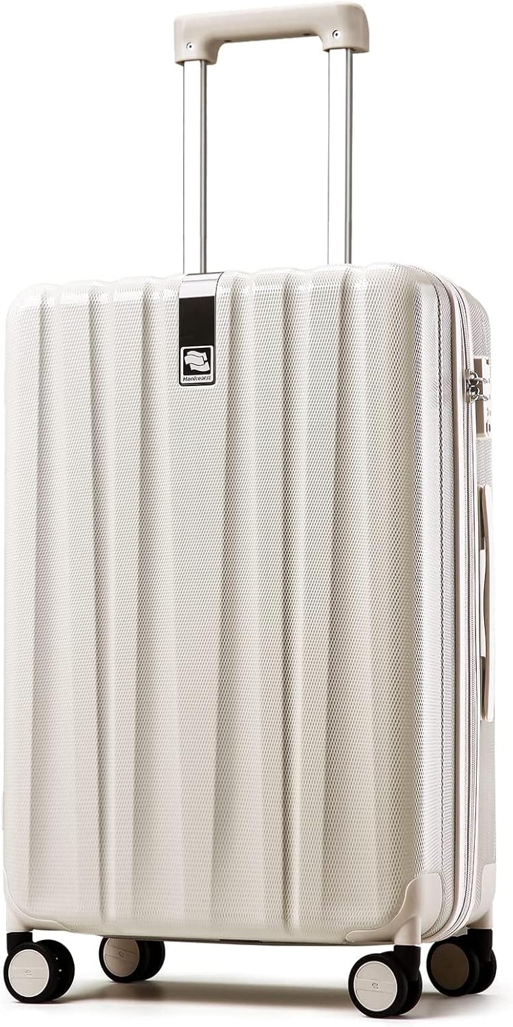 Hanke 24 Inch Luggage Suitcases With Spinner Wheels Lightweight PC Hard Shell Rolling Suitcase With TSA Lock,Checked-Medium 24-Inch(Ivory White)