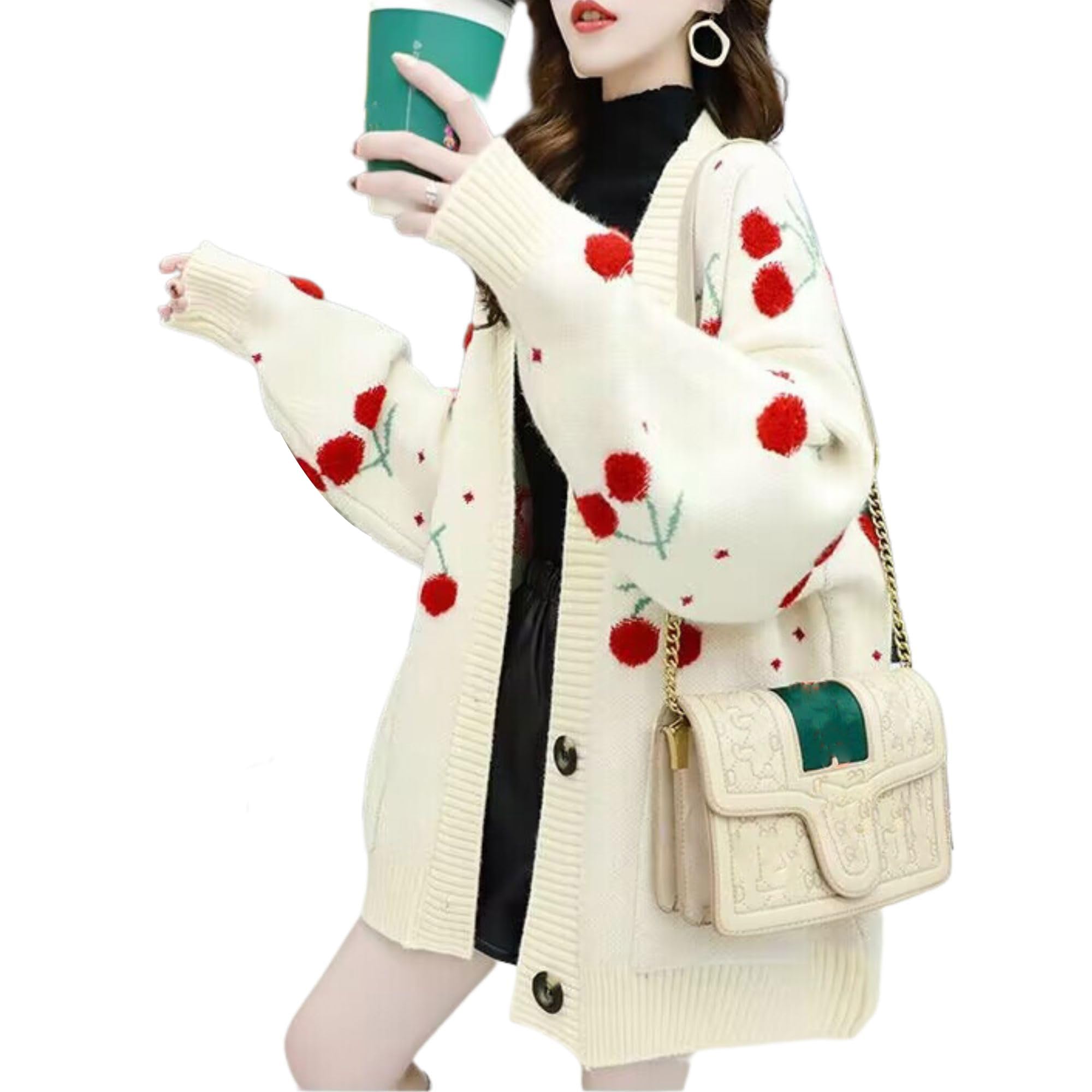 FindThy Womens Fuzzy Cherry Knitted Cardigan Long Sleeve Button Up Kawaii Cardigans Tops