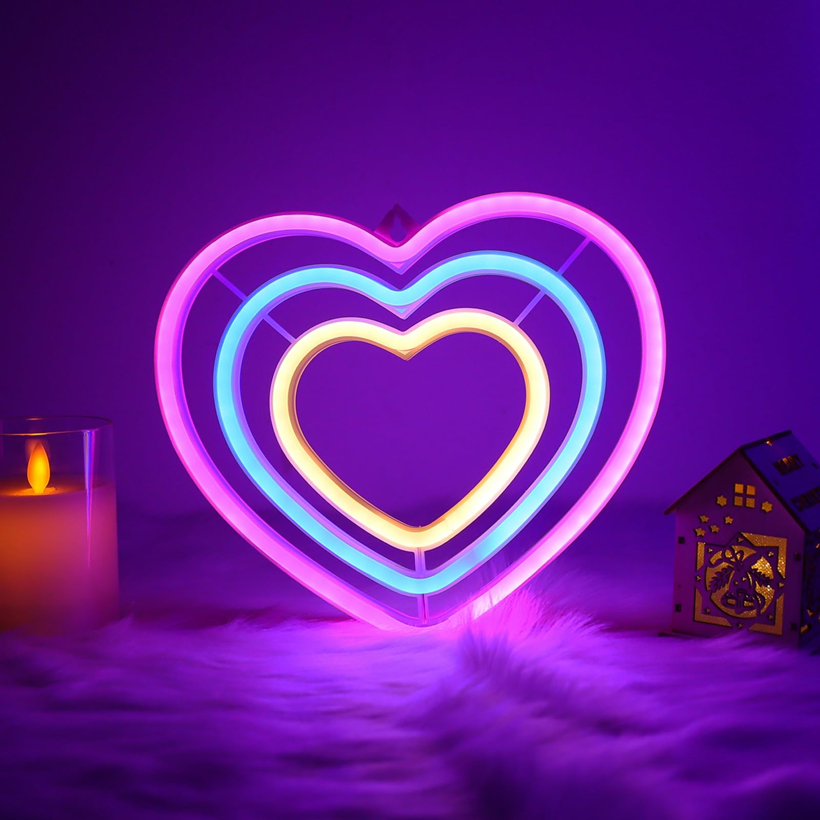 ENUOLI Pink Heart Neon Sign, Rainbow Heart LED Neon Light for Home Decor