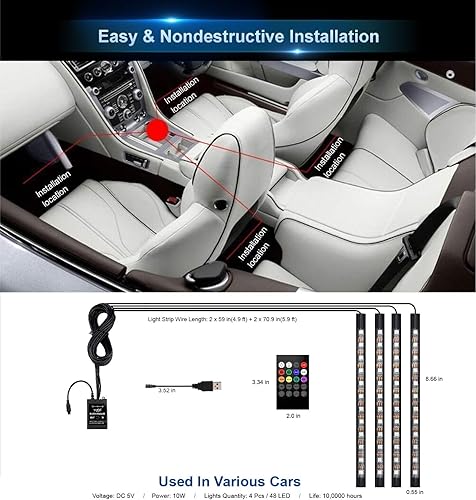 Miniatura 3 de Luces LED para interiores de automóvil, luces LED controladoras para automóviles, kits de iluminación subterránea de música multicolor con control