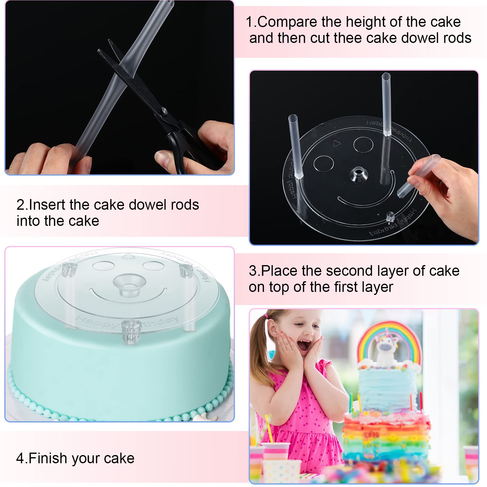 12 platos separadores de pasteles para tartas de 4, 6, 8, 10 pulgadas con 36 tacos de apilamiento transparentes y 20 varillas de plástico para tartas de apoyo para la construcción y apilamiento de
