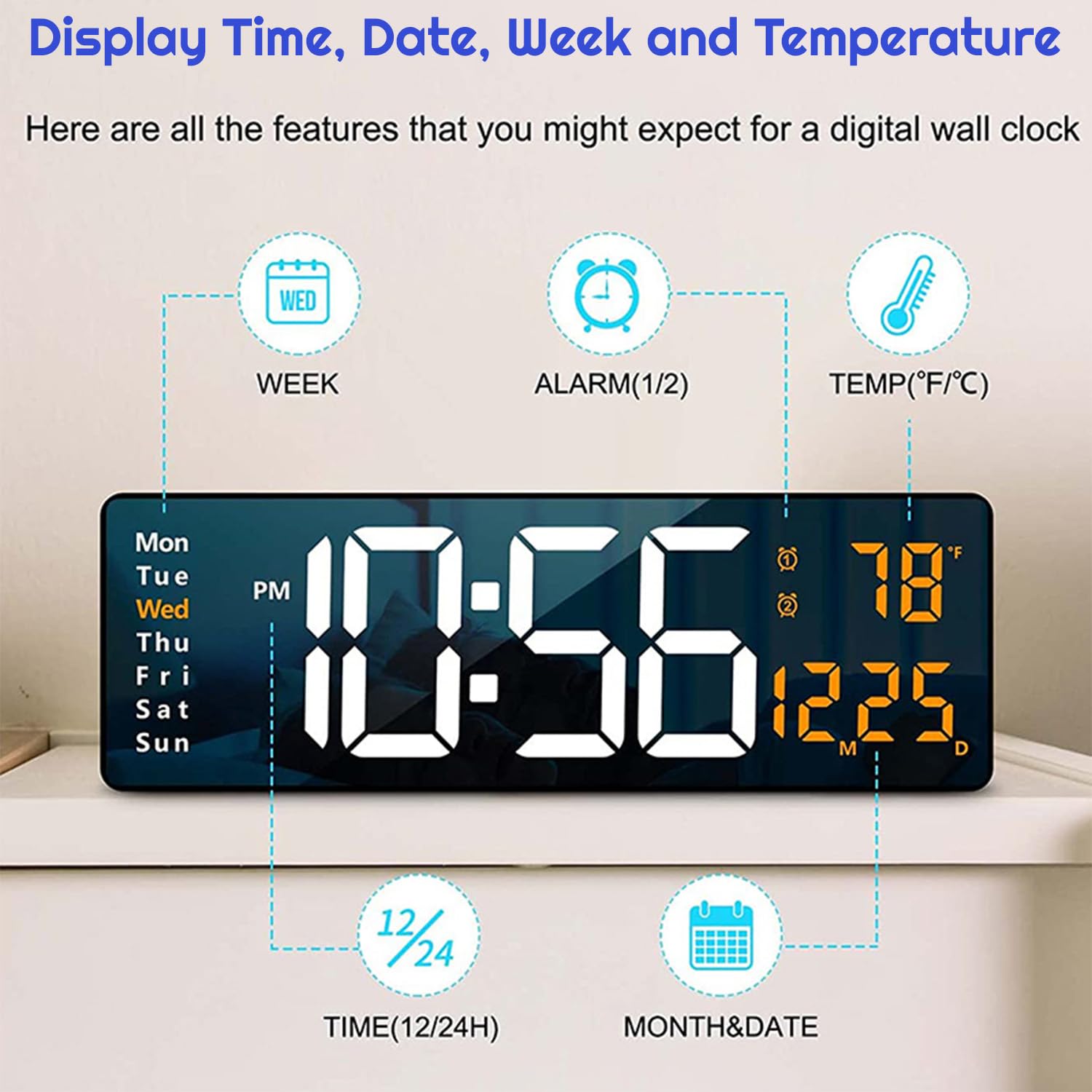 TriLine LED Large Digital Wall Clock for Living Room Bedroom with Remote Control, 16 Inch LED Desk Clock Temperature, Date - Image 2