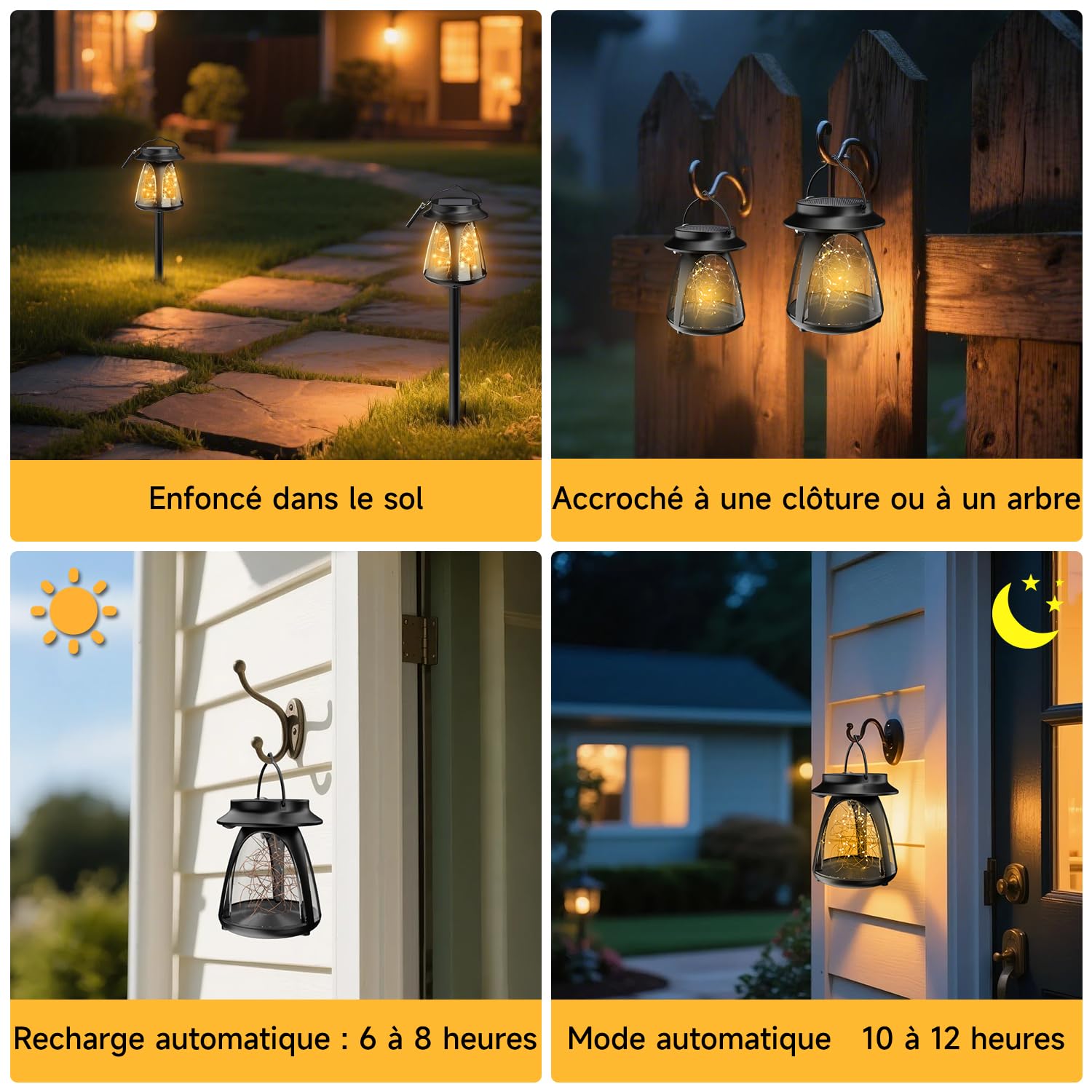 Lot de 4 Lanternes Solaires Extérieures 2 en 1 – Éclairage de Chemin à Intensité Améliorée, Étanche, Fixation Polyvalente (Suspension, Pince ou Piquet) – Idéal pour Jardin, Terrasse et Allée