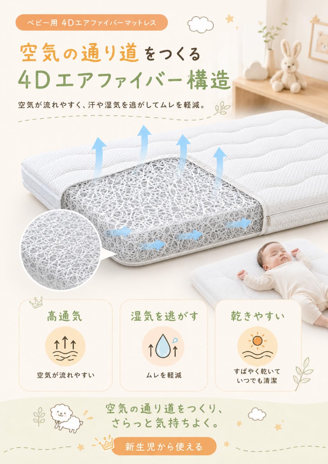 Amazon.co.jp: Bebiborn ベビーマットレス 45×80cm 48×80cm 60×90cm 70
