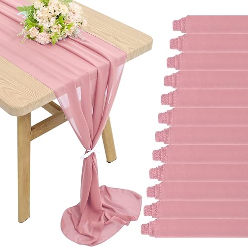 Paquete de 12 caminos de mesa de gasa color rosa polvoriento, de 28 x 120 pulgadas, decoración romántica para boda, banquete, baby shower, fiesta de