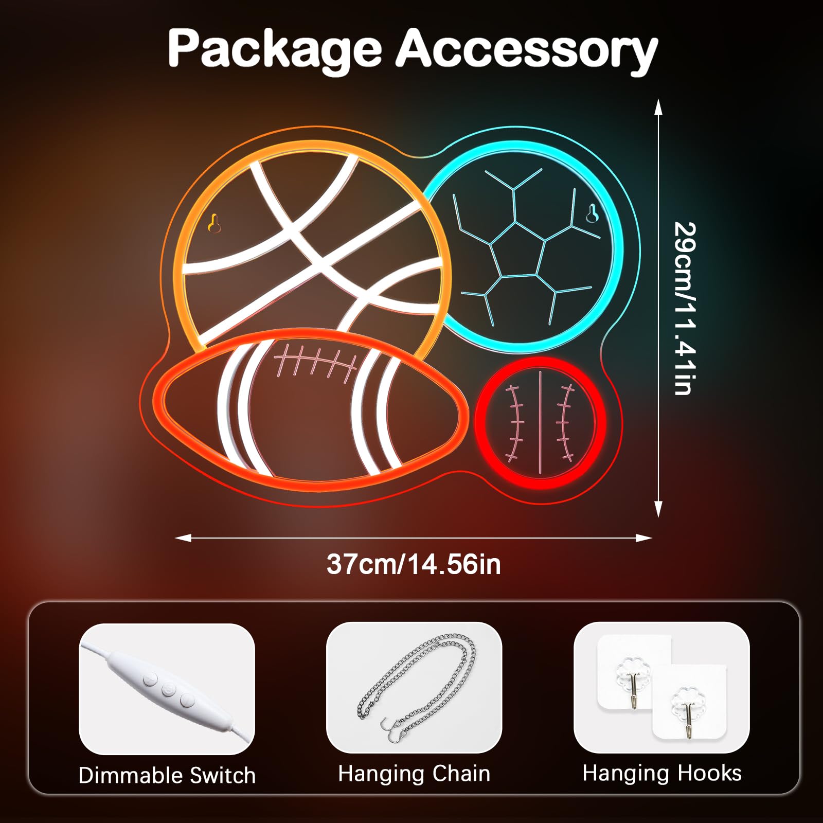 Looklight Neonowy znak świetlny, piłka nożna, koszykówka, baseball, piłka nożna, znak LED, 4 piłki, neonowe znaki na ścianę, podświetlany znak LED, do pokoju zabawek, sypialni, prezent dla entuzjastów
