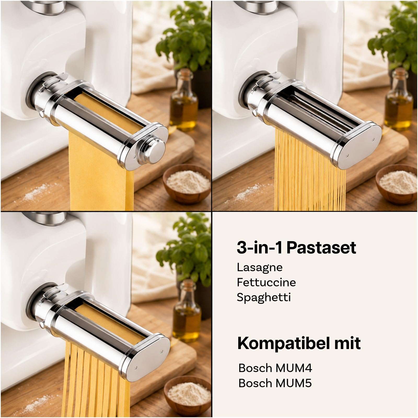 Nudelaufsatz für Bosch MUM4 & MUM5 Küchenmaschine 3-teilig – Pasta Roller, Spaghettischneider & Fettuccineschneider – 8 Einstellbare Dicken – Küchenmaschinen Zubehör für Bosch von MMOBIEL