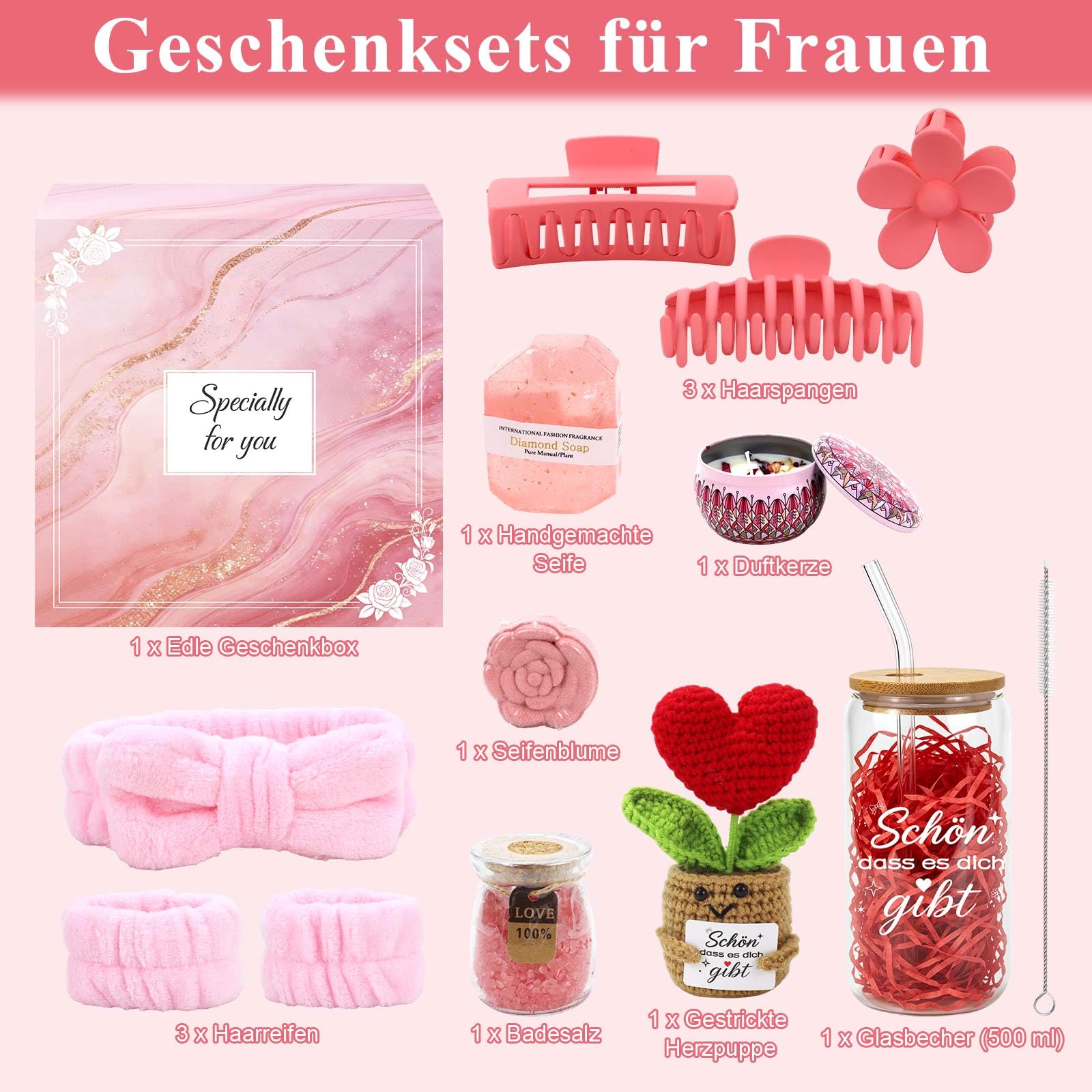 Geschenke für Frauen, Geburtstagsgeschenk für Freundin, Wellness Geschenkset Frauen für Beste Freundin, Schwester, Ehefrau, Mama & Kollegin mit Glasbecher Duftkerze Haarschmuck
