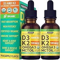 Vista 11 de Paquete de 2 gotas orgánicas de vitamina D3 K2 de 5000 UI con aceite MCT Omega 3 - Líquido de máxima resistencia D3 sin rellenos, sin OMG para una