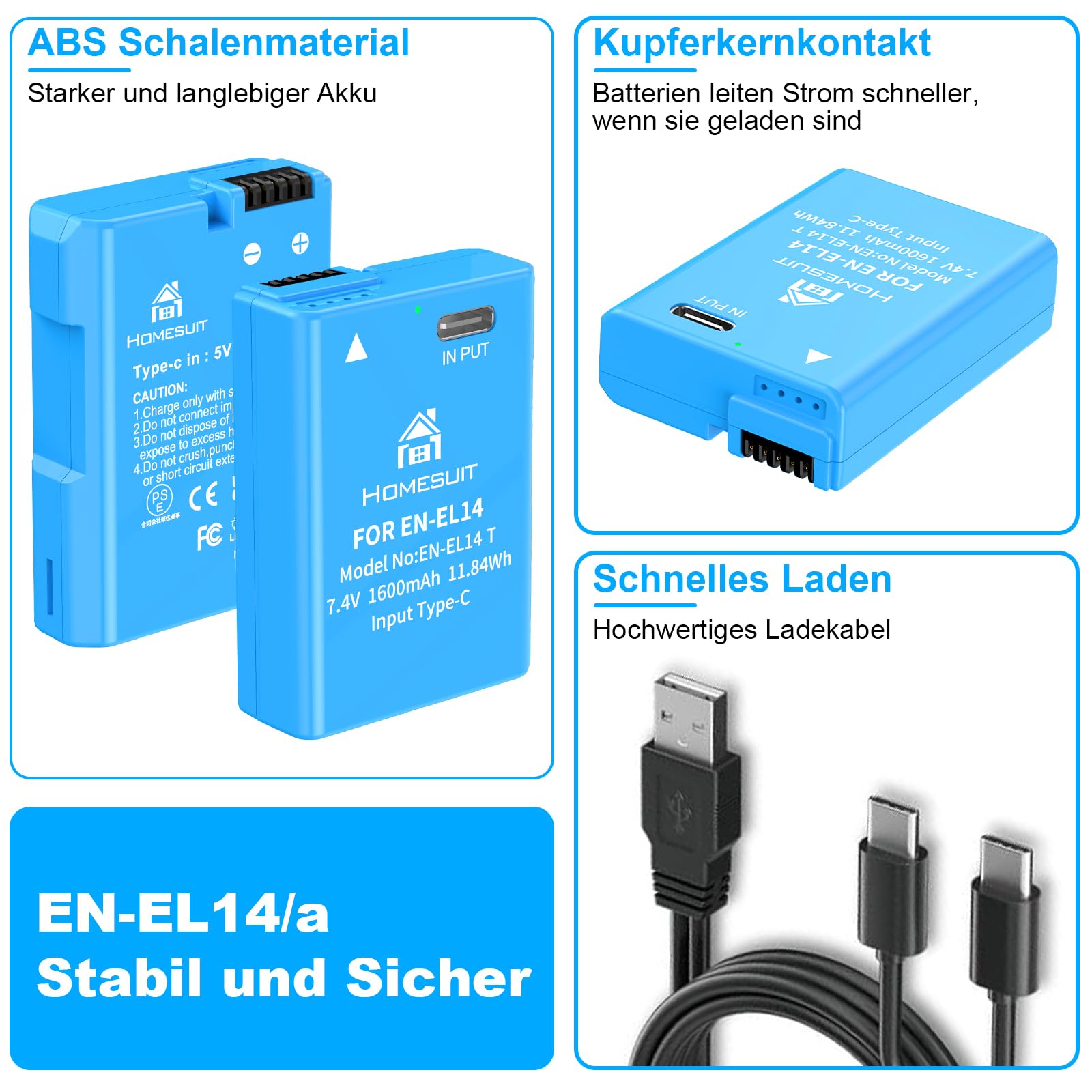 Homesuit EN-EL14 EN-EL14a Akku 1600mAh und 2-in-1 Typ-C Direktladekabel für Nikon D5600 D3300 D3500 D5100 D5500 D3100 D3200 D5200 D5300 Coolpix P7000 P7100 P7200 P7700 P7800 Kamera (2er-Pack)