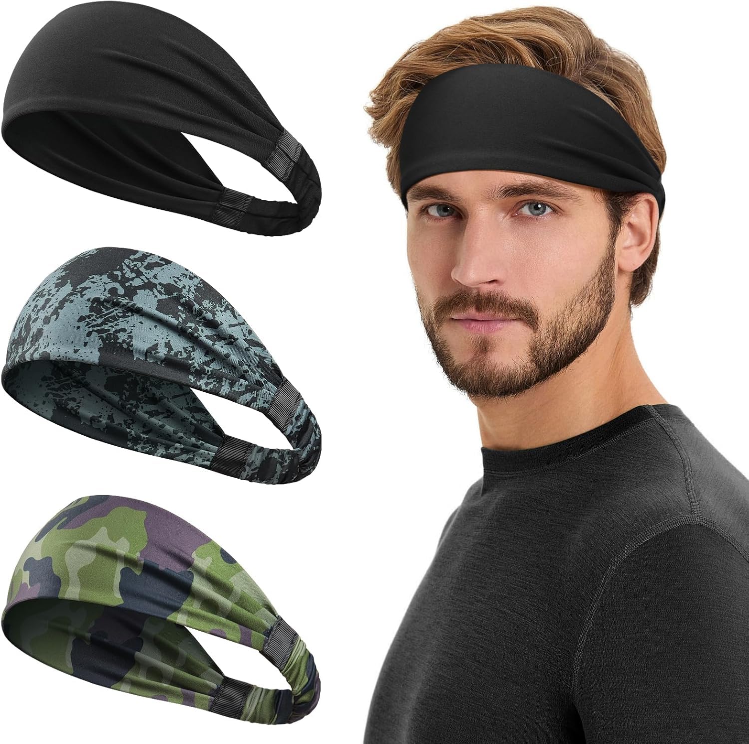 Tumurup Cinta Pelo Deportivas, 3 Pcs Antideslizante Cinta Pelo Hombre Absorbe El Sudor Headband Adecuado Running Tenis Fitness