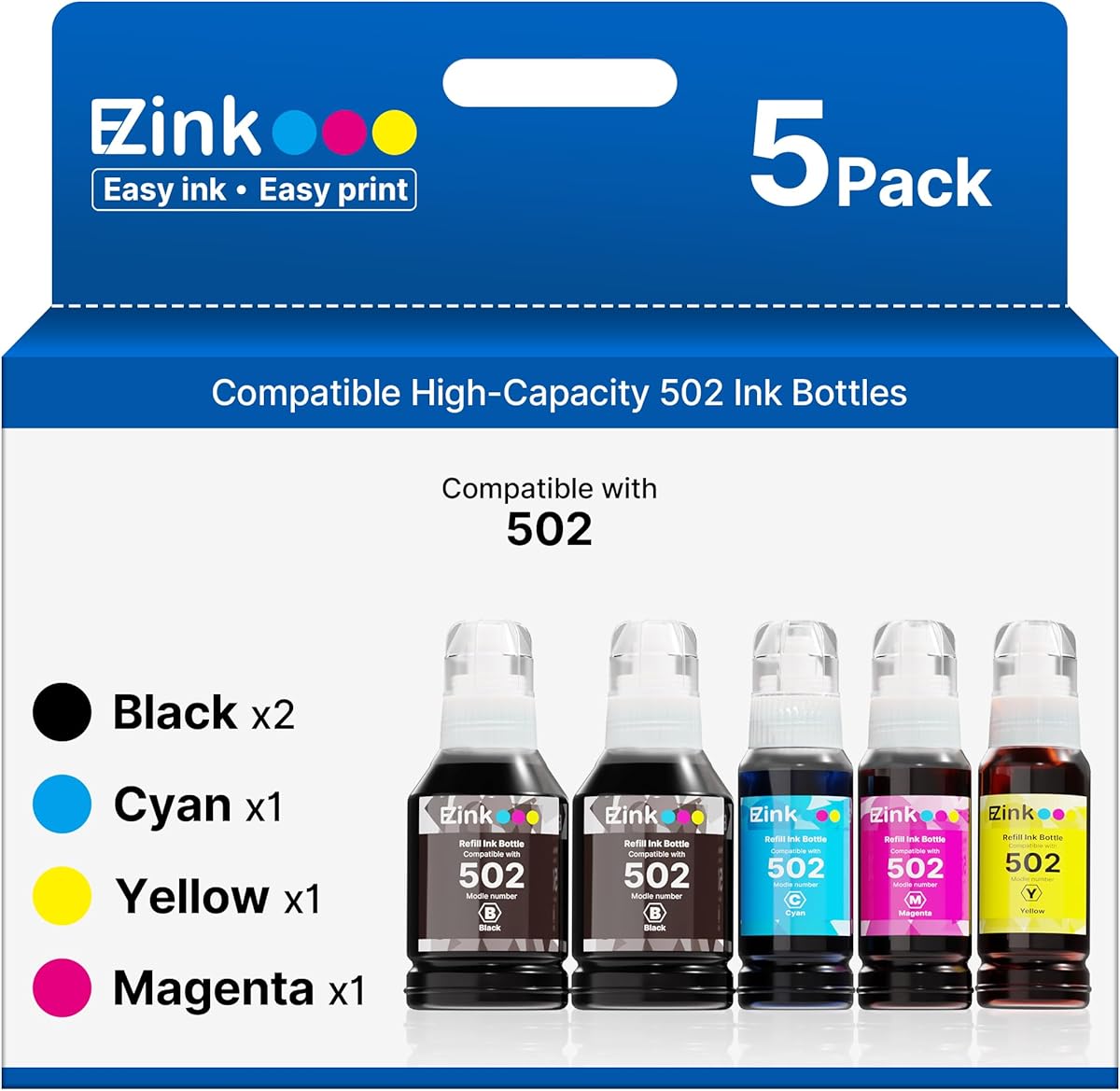 E-Z Ink Compatible 502 Ink Refill Bottles Compatible for Epson 502 Ink Refill Bottles T502 522 T522 High Capacity to Use with Epson ET-3850 ET-2850 ET-4850 ET-2800 ET-2760 ET-3760(5 Bottles)