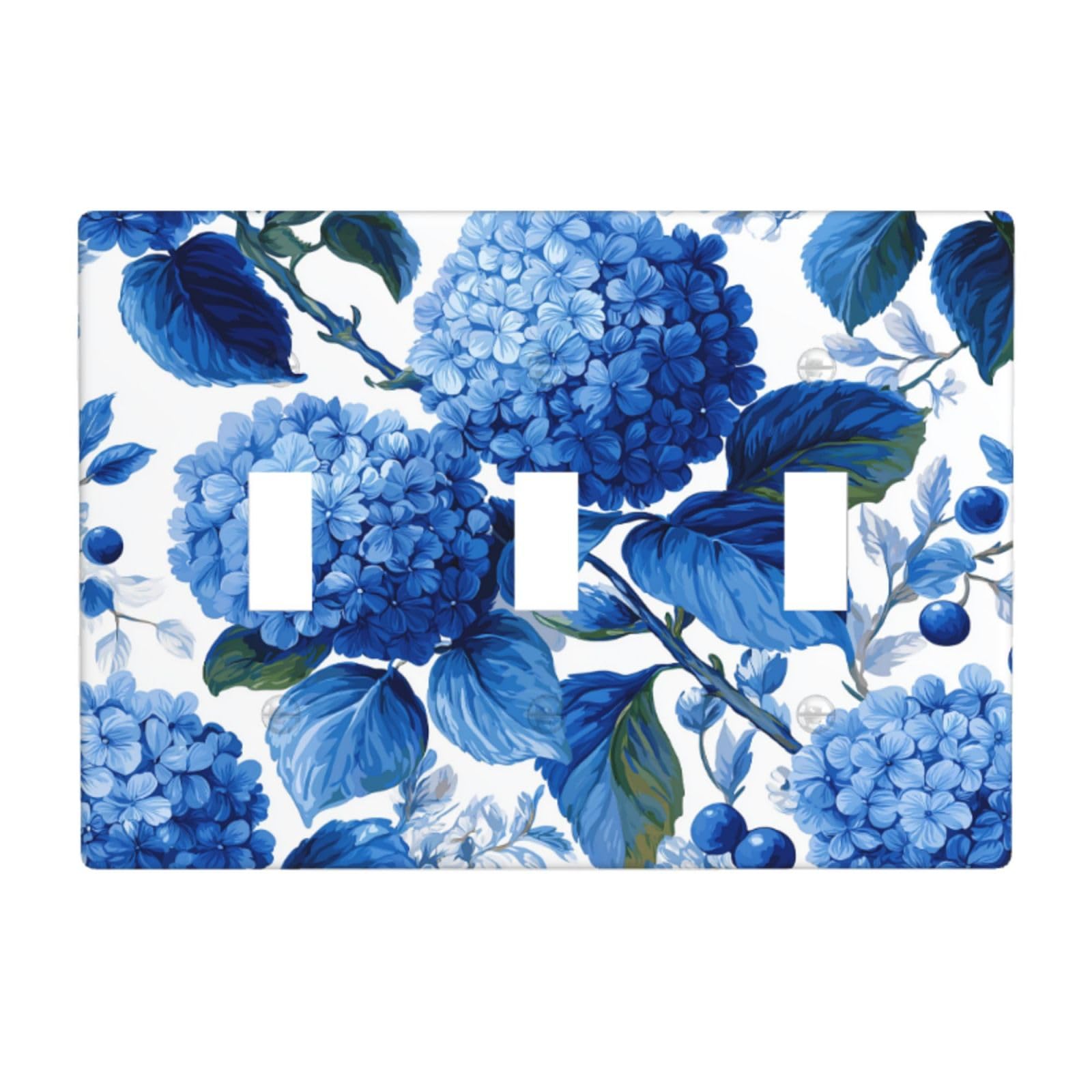 Woshuwo White Blue Hydrangea Pattern Light Switch Covers 3 Gang Triple Toggle Wall Plate Switchplate Electrical Faceplate For Bathroom Kitchen Bedroom Decor
