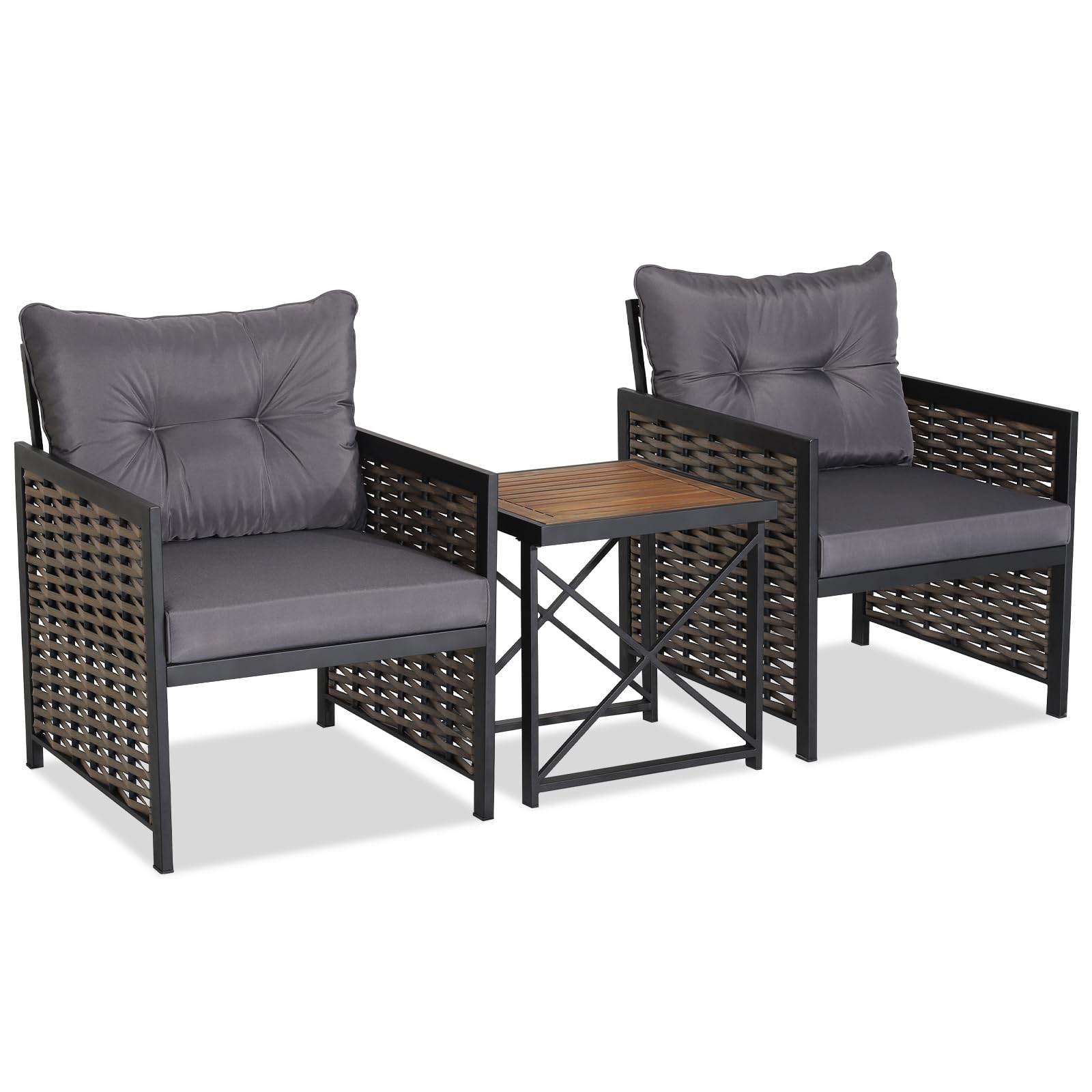 COSTWAY 3-Piece Rattan Bistro Set, Outdoor Coffee Table and Sofas with Acacia Wood Tabletop, Soft Cushions, Metal Frame Wicker Conservatory Table Chair Set for Garden Backyard Porch (Gray Cushion)