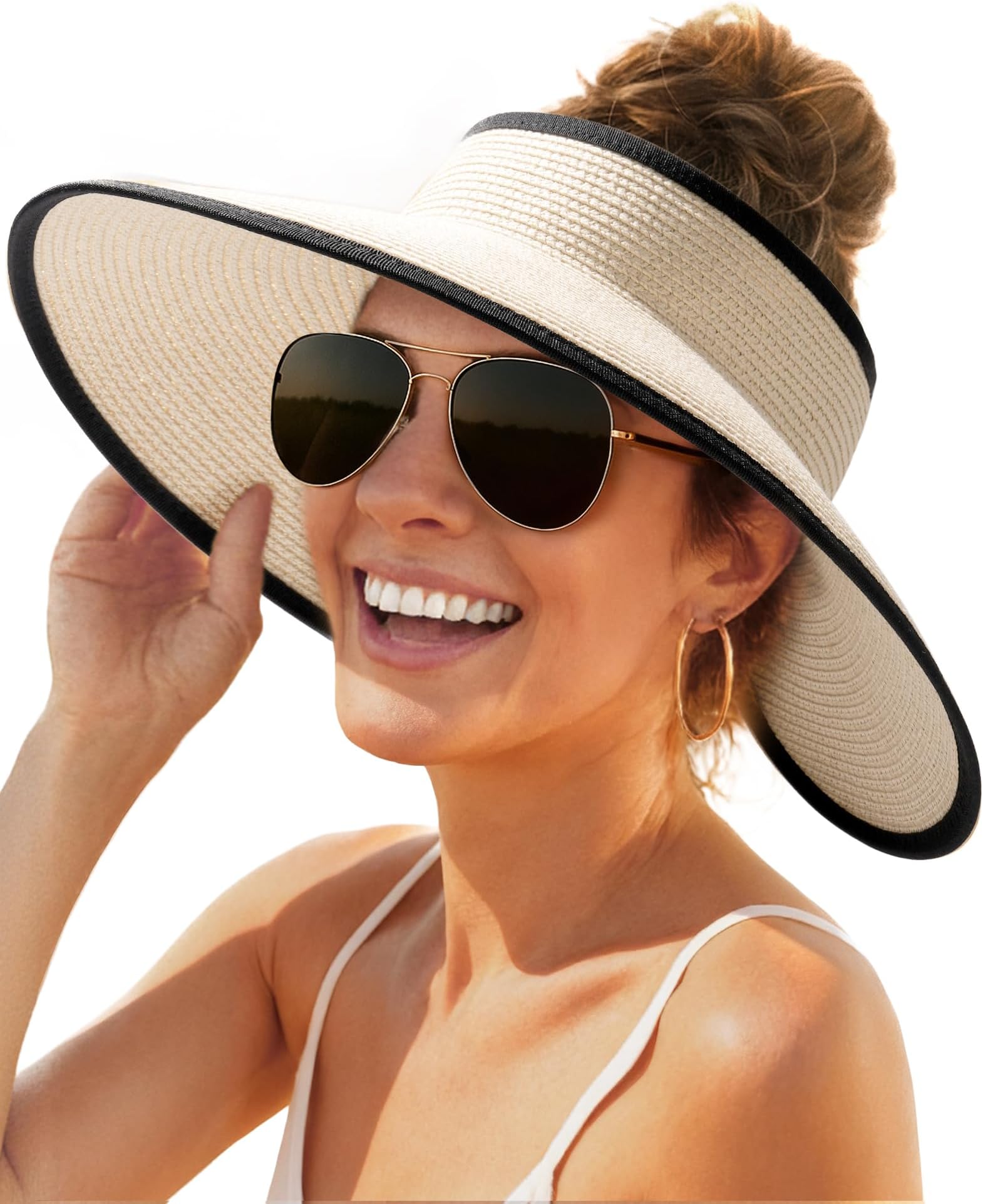 FURTALK Sun Visor Hats for Women Wide Brim Straw Roll-Up Ponytail Summer Beach Hat UV UPF Packable Foldable Travel