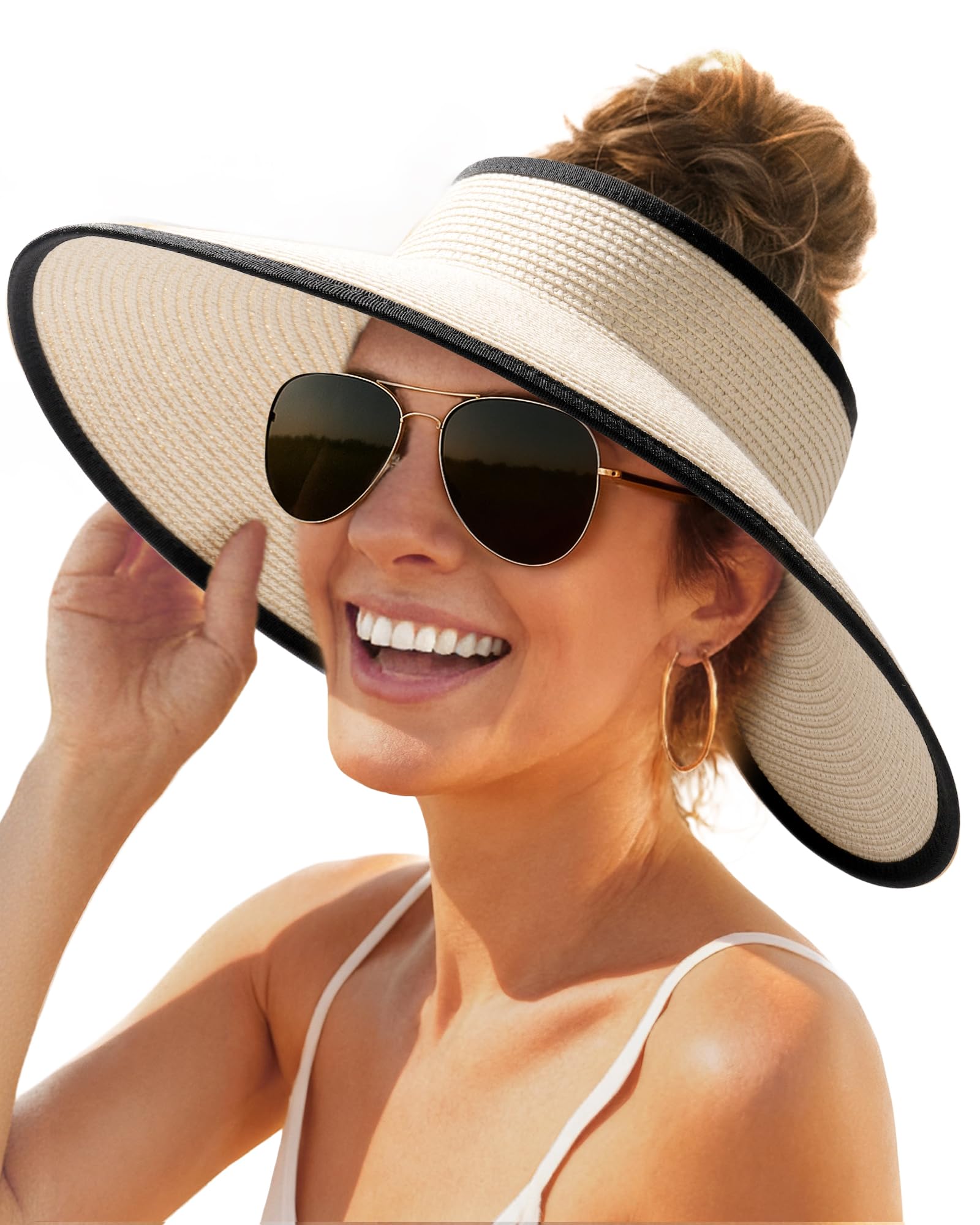 FURTALK Womens Sun Hat with Ponytail Hole Wide Brim Beach Straw Visor | Foldable & Packable for Beach Vacations, Adjustable Fit for Messy Buns, Detachable Windproof Strap, Sweat-Wicking Inner Band Medium Beige With Black