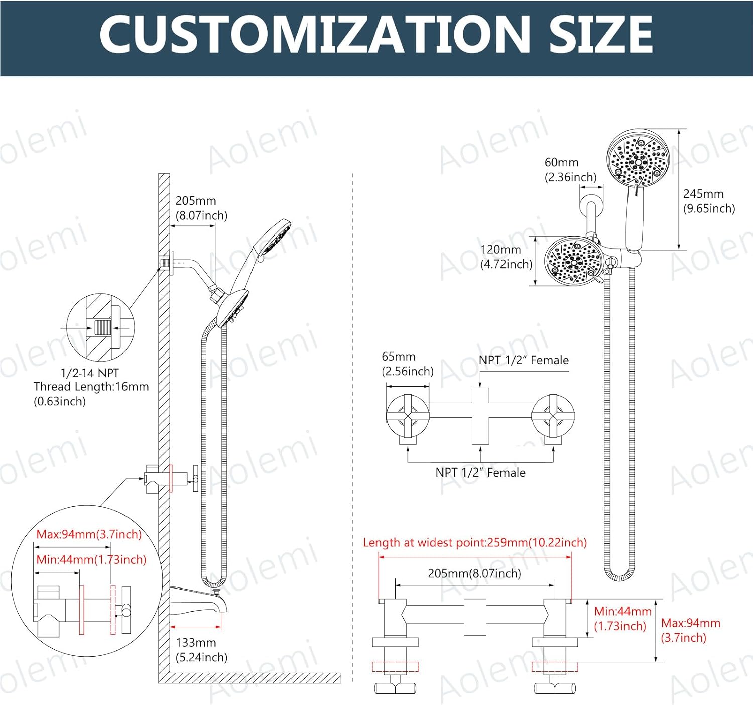 Aolemi 2 Handles Tub Shower Faucet Set with Valve Bathtub Combo Set Dual Shower Head System Complete Trim Kit Wall Mounted Matte Black - Image 6