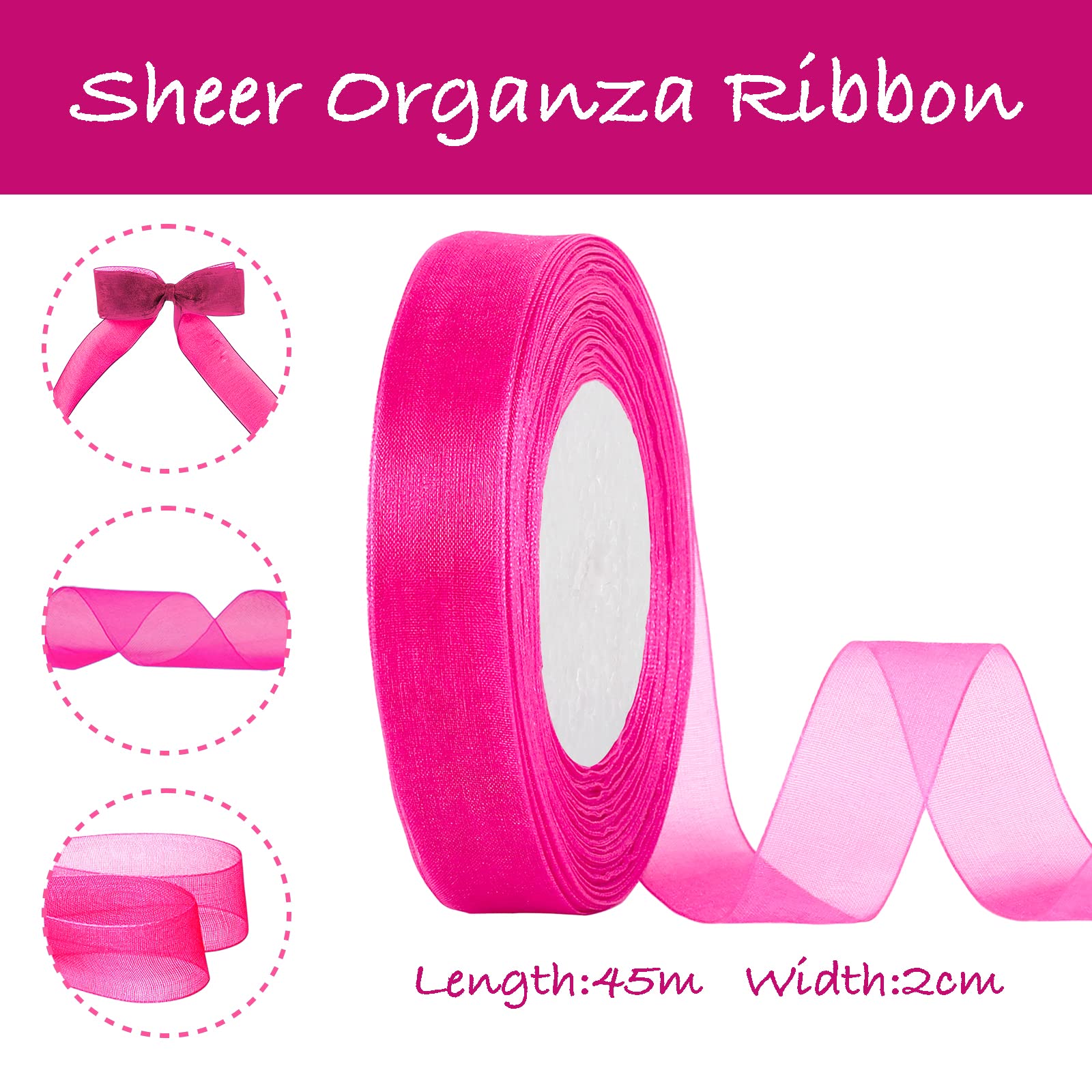 Nastro In Organza Di Chiffon Per Regali - 2.5 Cm X 45 M - Colore Rosa, Tessuto Trasparente, Per Pacchi, Bouquet, Decorazioni