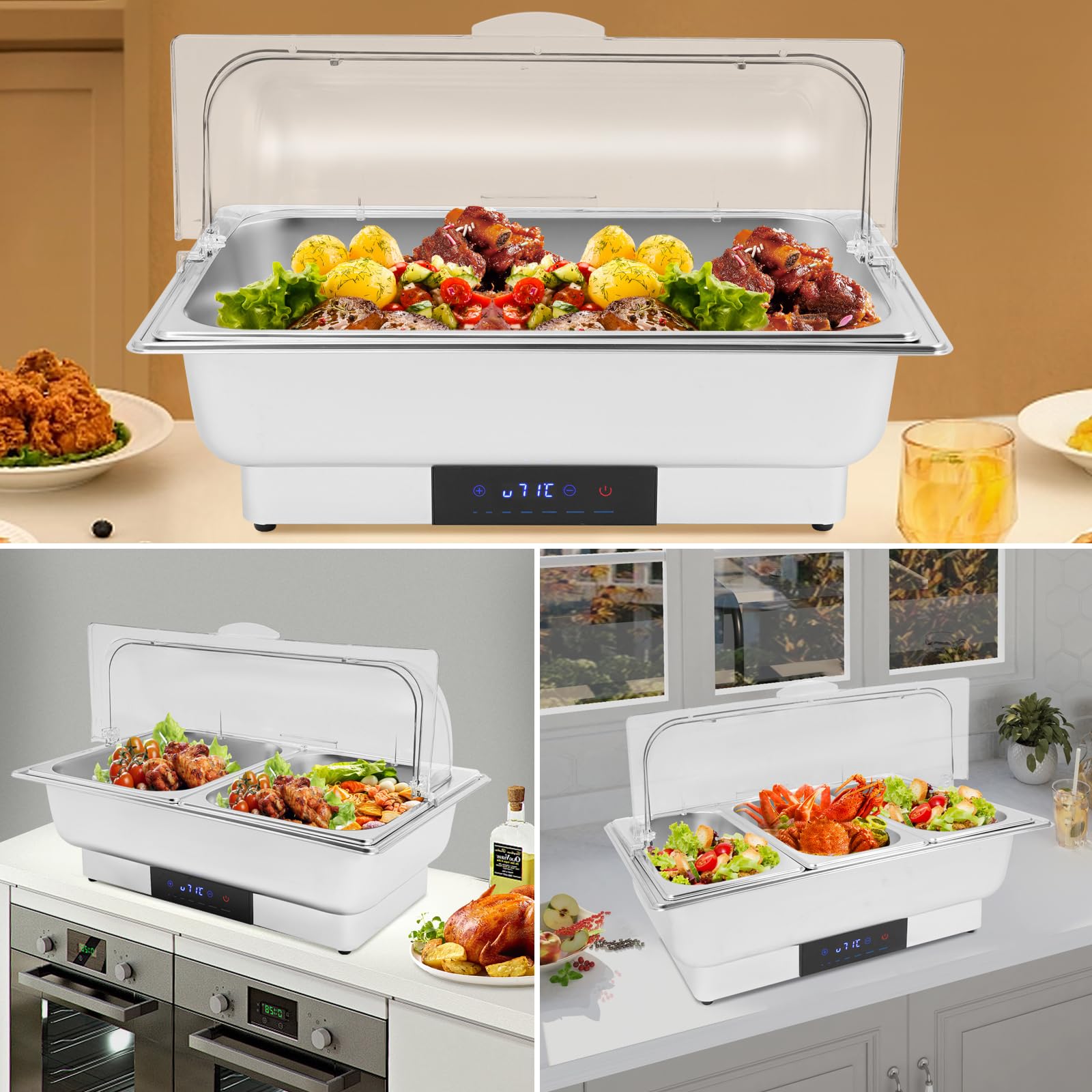 Chafing Dish - Plato eléctrico (9 L, con control de temperatura táctil y tapa) | Calentador de buffet con indicador LED de 35 – 90 °C para brunch fiestas y catering