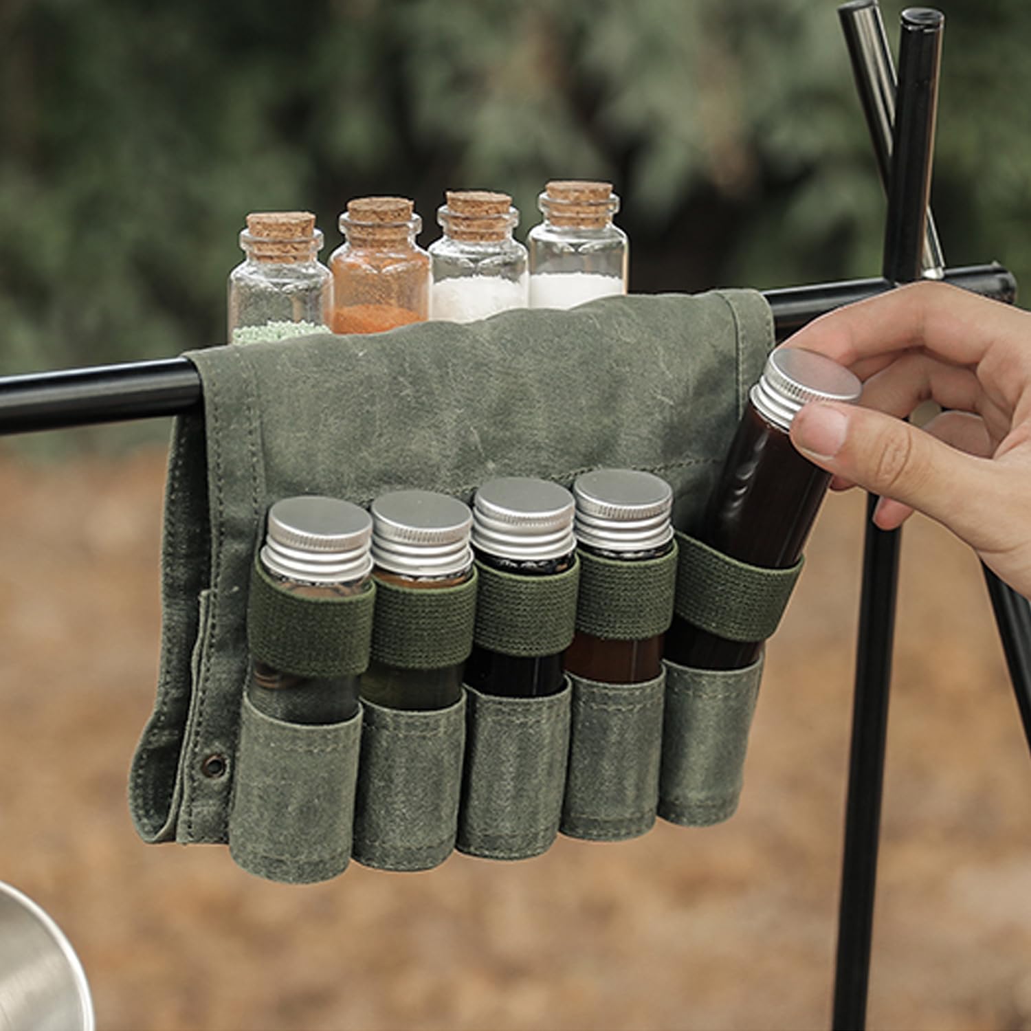 Borsa portaspezie portatile, in tela, organizer per condimenti, con imbuto e barattoli per spezie, set di contenitori per condimenti con mini bottiglia per condimenti per campeggio, barbecue