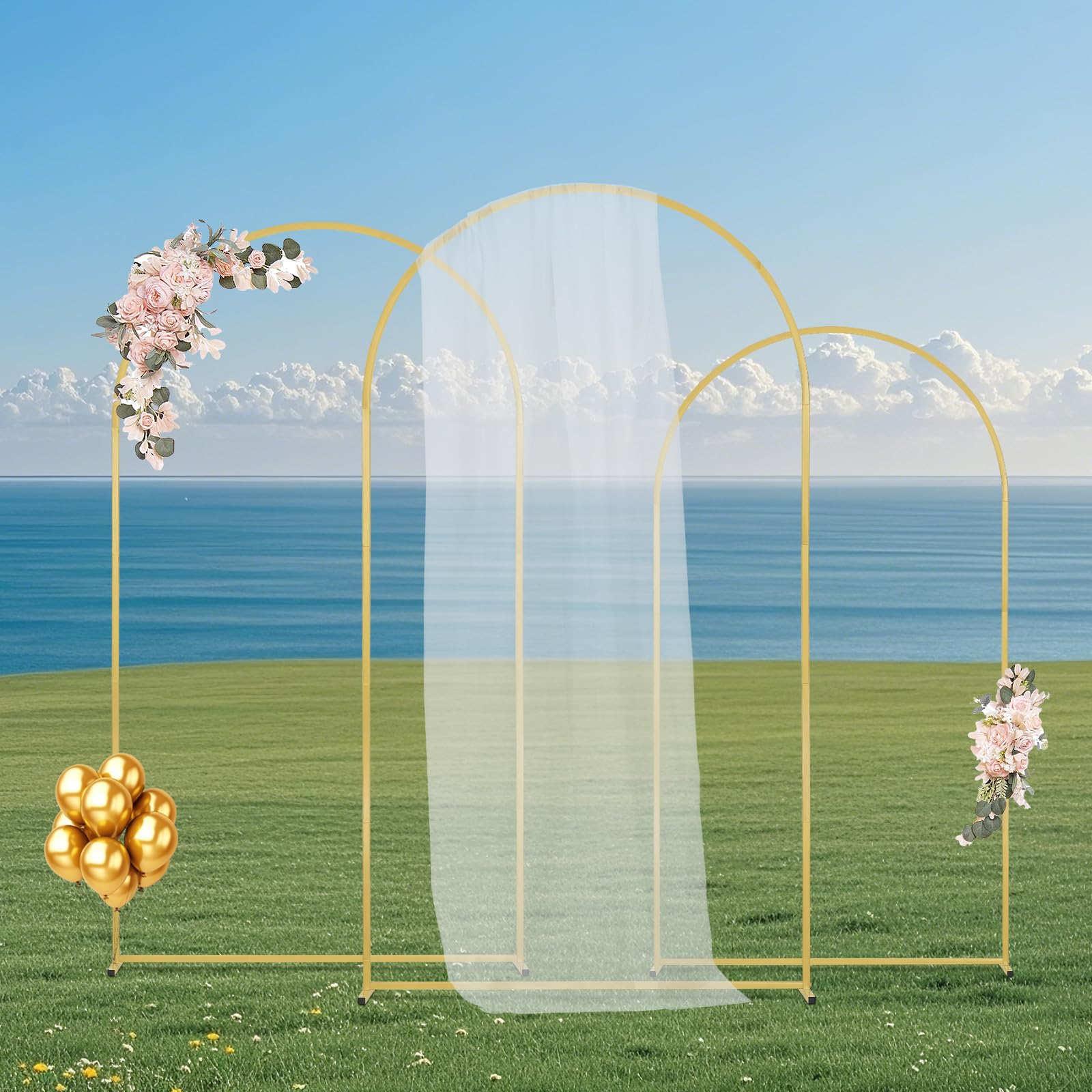 VEVOR Support de Fond Arche de Mariage, Lot de 3, Support Stable Métal, 2390 mm, 2200 mm, 1970 mm, Barre Transversale de Châssis, Facile à Assembler, pour Anniversaire, Célébration, Cérémonie, Doré