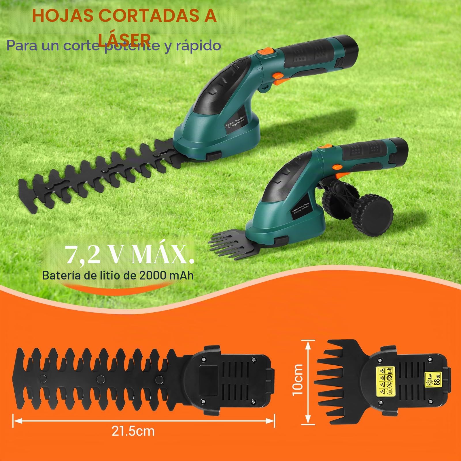 LIFERUN Tijeras de Césped con Batería 7,2 V, 2000 mAh, 2 en 1 Tijeras de Césped con Mango Telescópico, Batería Recargable y Cargador, para Césped de Jardín, desherbar, árboles, Verde Oscuro