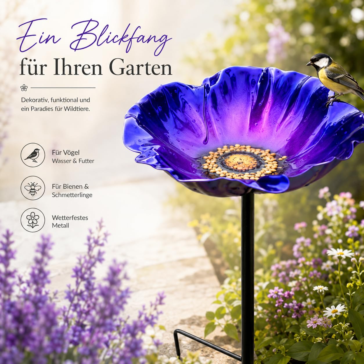 Vogeltränke Blume mit Gartenstecker aus Metall, Ø 5.1 inch,dekorative Bienentränke & Insektentränke für Garten, Balkon und Terrasse, wetterfest, 4 Farben (Lila+Gelb)