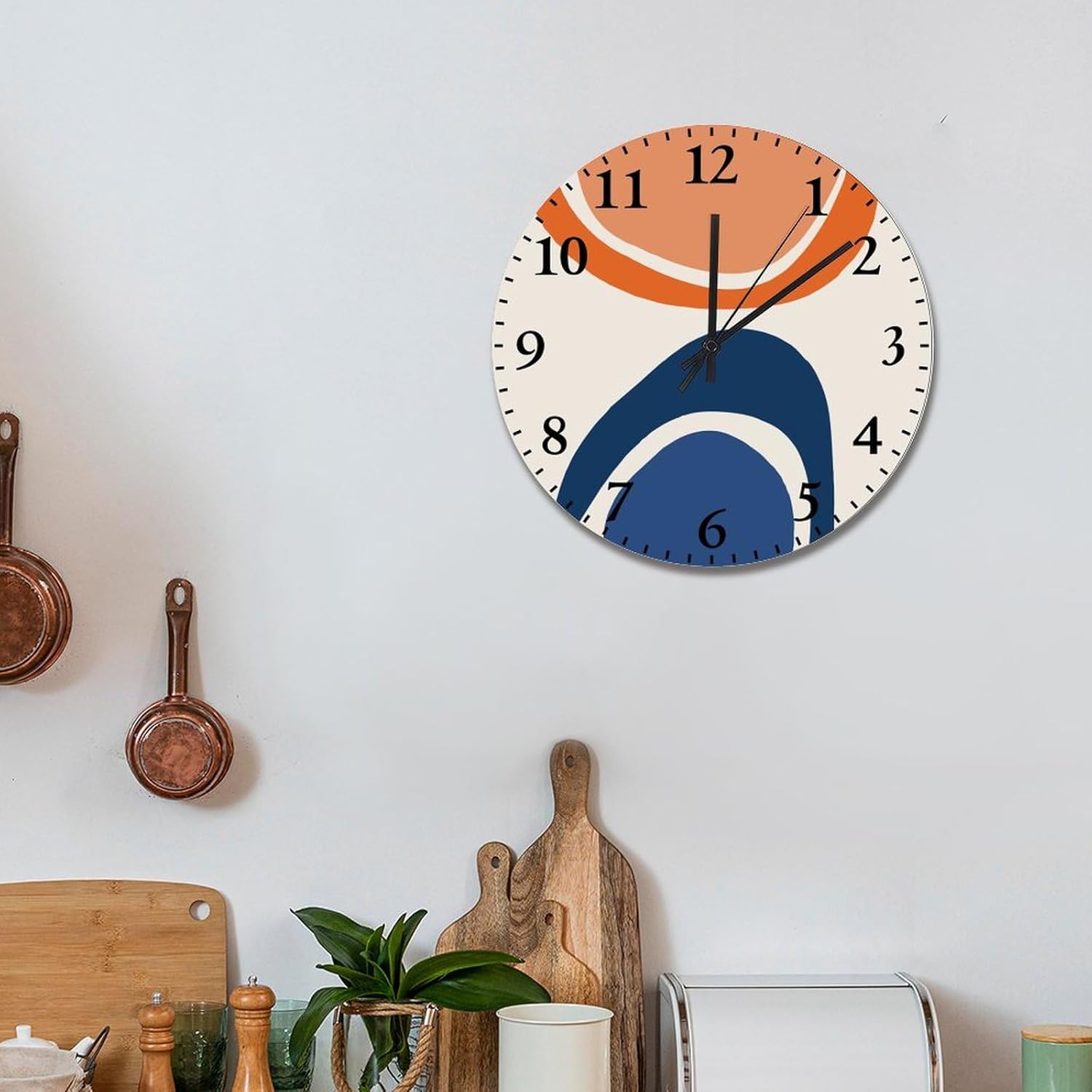 ArogGeld Abstract Shapes Print Clock Burnt Orange and Navy Blue 15 Inch Round Wall Clocks Battery Operated Silent Non-Ticking Modern Hanging Clock for Bedroom Living Room Farmhouse Wall Decor