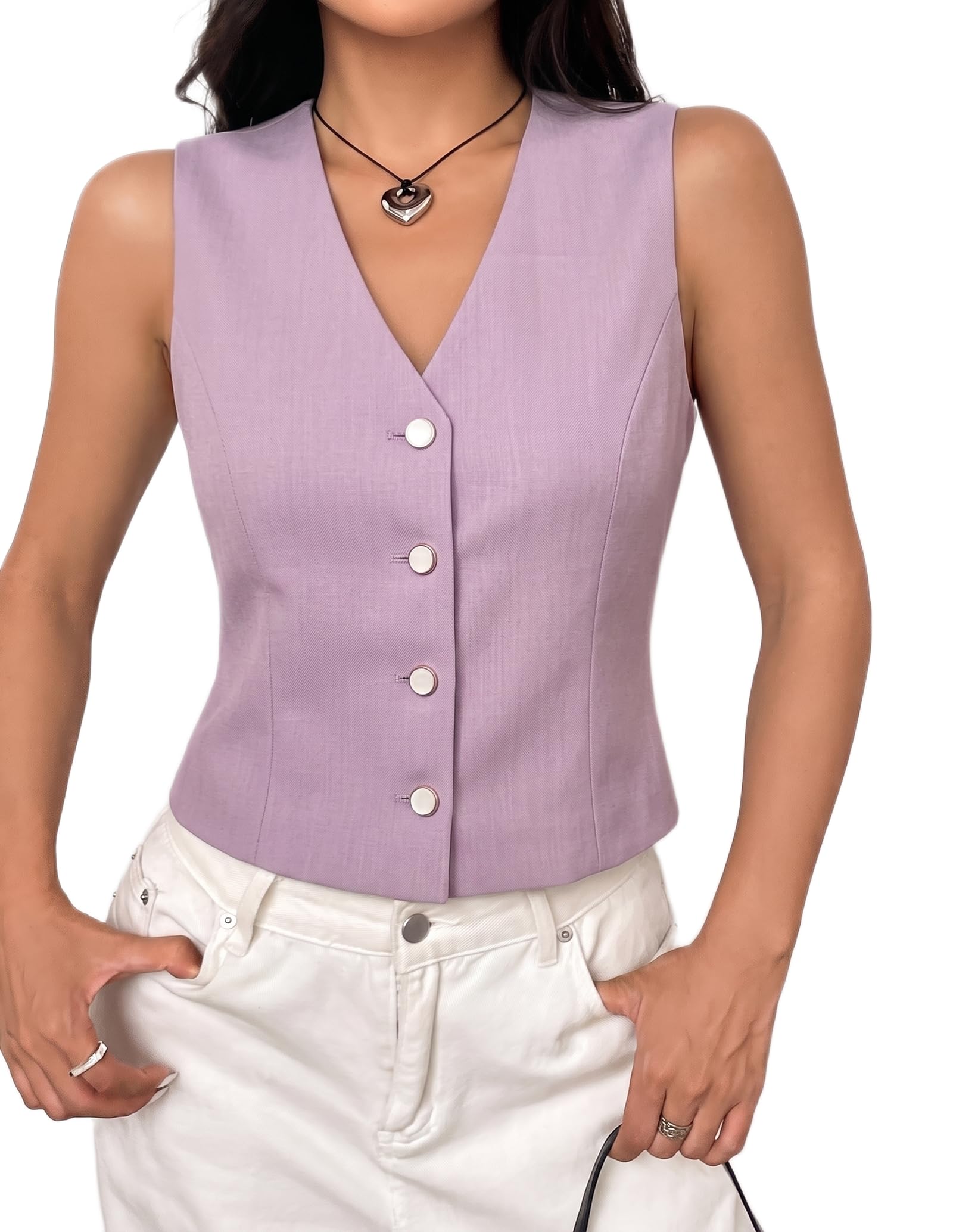 Women's Trendy Lilac Waistcoat Vest, V-Neck Sleeveless Button-Down Top-image-15
