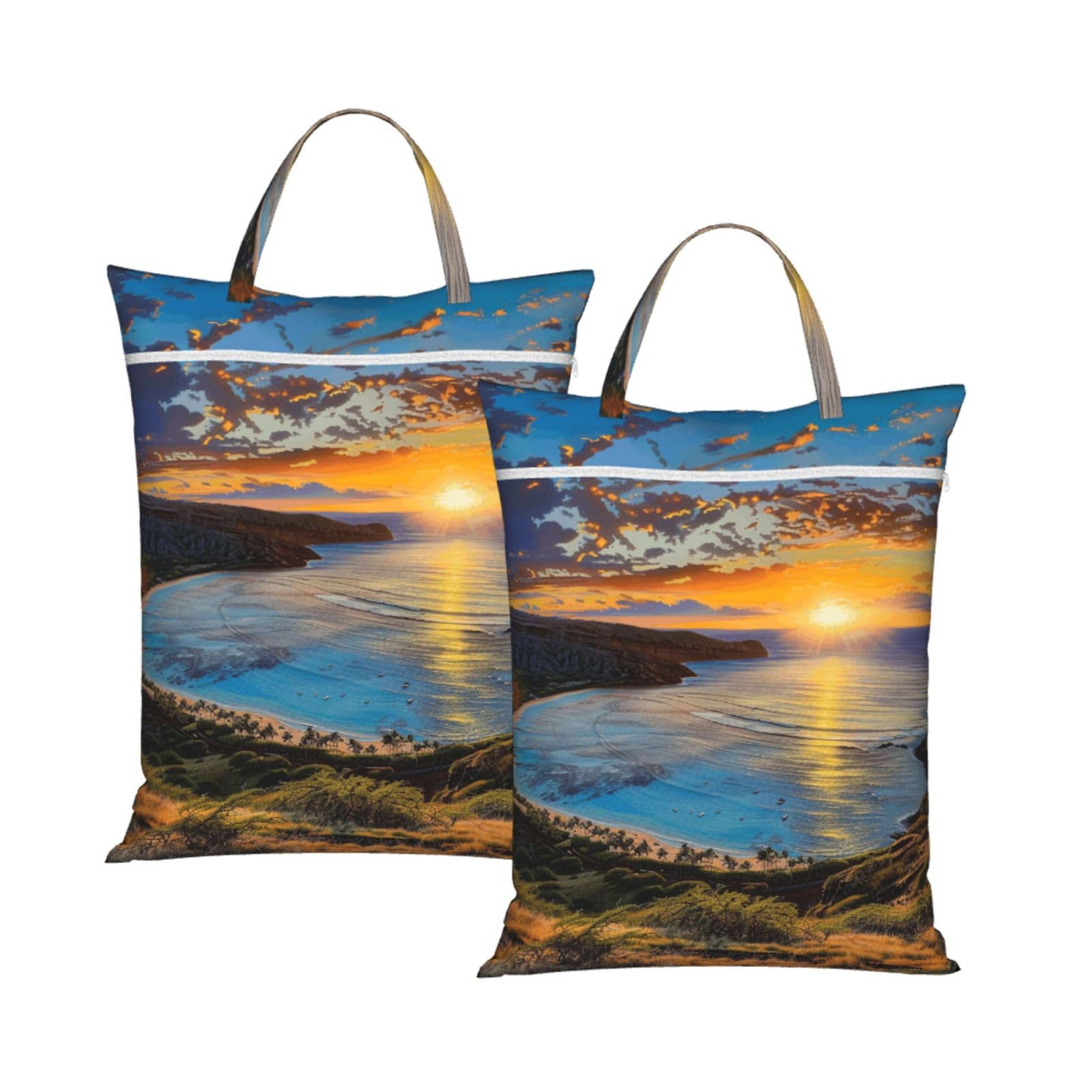 Large Travel Laundry Bags,Sunrise Over Hanauma Bay Oahu Hawaii Print with Handle Foldable Laundry Bag for Holidays Gym Swimming and Family Trips, 2Pcs