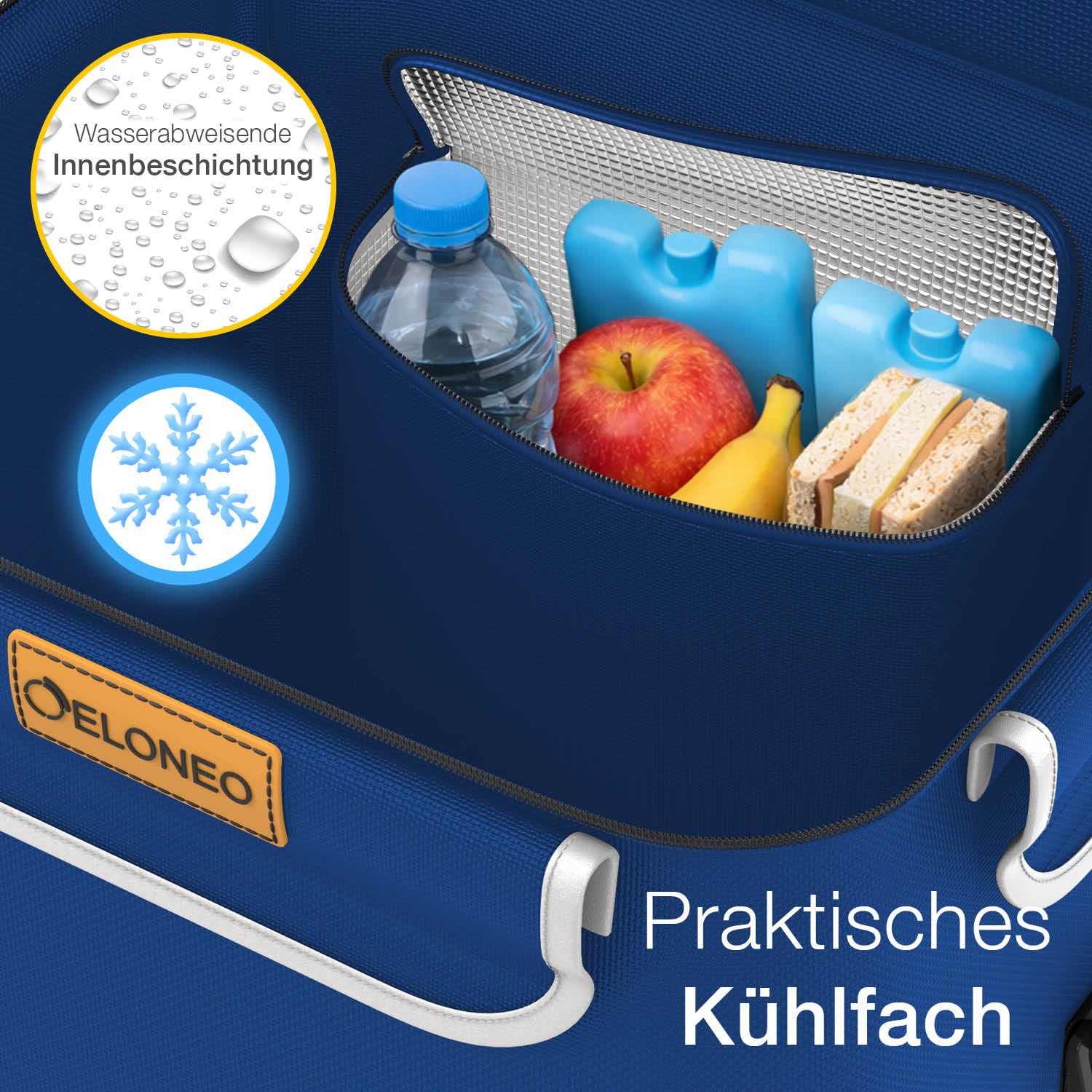 ELONEO Einkaufstrolley Treppensteiger mit Kühlfach, Einkaufsroller klappbar, Shopping Trolley höhenverstellbar, Reflektoren, abnehmbare Tasche 56 L, Hackenporsche (Treppensteiger-Trolley, Blau)