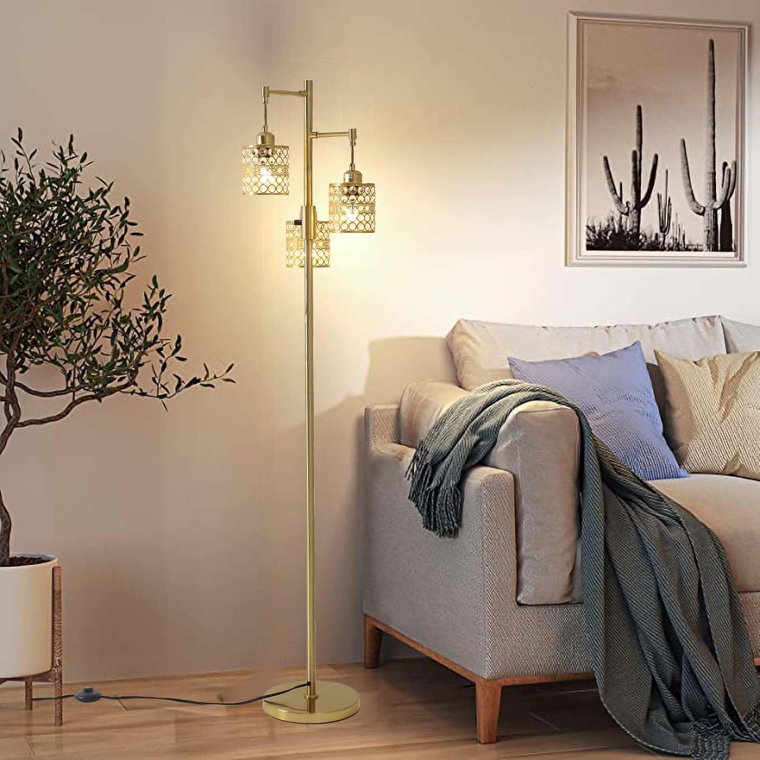 Industrial Floor Lamp,Dimmable Floor Lamp,Gold Tree Lamp Standing Lamp Tall Pole Lamps with 3 Elegant Crystal lampshades for Living Room Bedroom Office, Indoor
