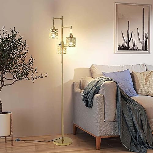 Miniatura 2 de Lámpara de pie industrial, lámpara de pie regulable, lámpara de árbol dorado, lámpara de pie con 3 elegantes pantallas de cristal para sala de