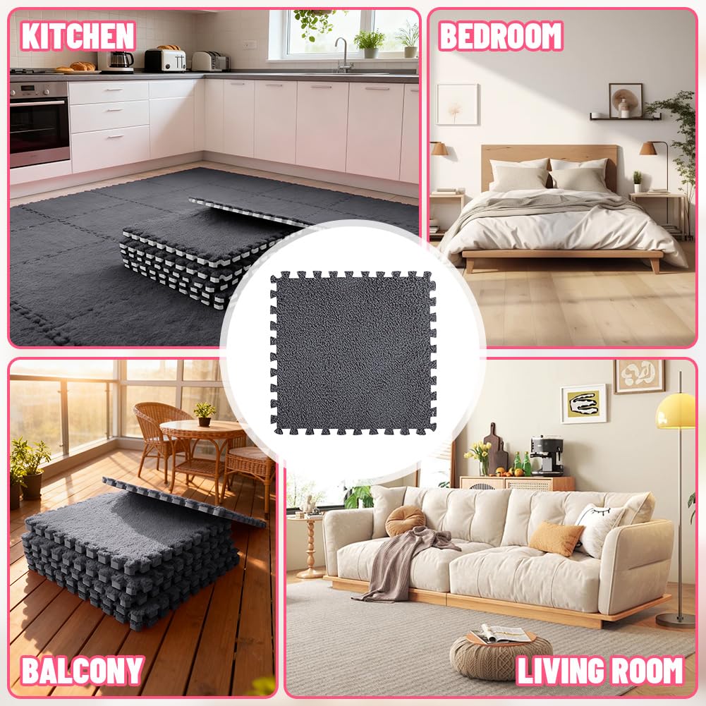 12 Stück Ineinandergreifende Plüsch-Schaumstoffmatte,Wohnzimmer-Schlafzimmer-Teppichfliesen,Teppichfliesen Bodenmatten Mit Rand,Weiche Spielmatten Puzzle Teppich 30x30x1cm (Schwarz)