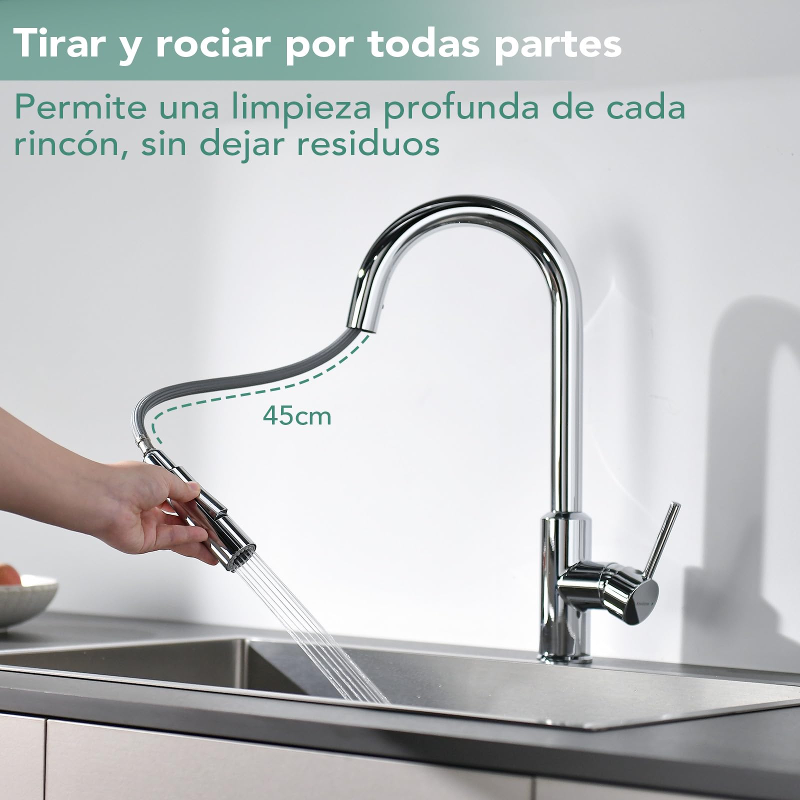 Grifo de Cocina con Cabezal Rociador Extraíble, Grifo de Fregadero, Giro de 360°, Dos Funciones de Rociado,Acero Inoxidable, Cromado