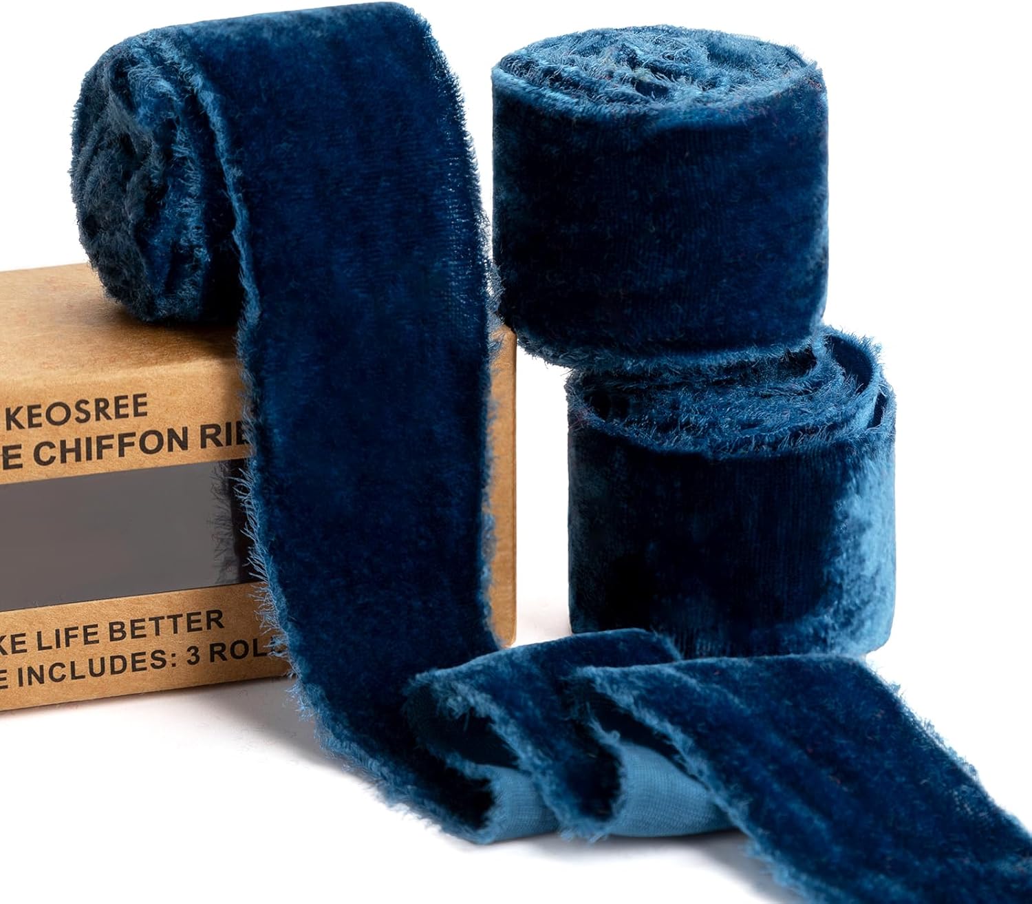 Dusty Blue Velvet Ribbon,Blue Handmade Frayed Fabric Ribbon for Wreaths Bridal Flower Bouquet Christmas Gift Wrapping Wedding Decor Invitations Decorations 1.5" x 4.5Yards (1.5Yards X 3 Rolls)