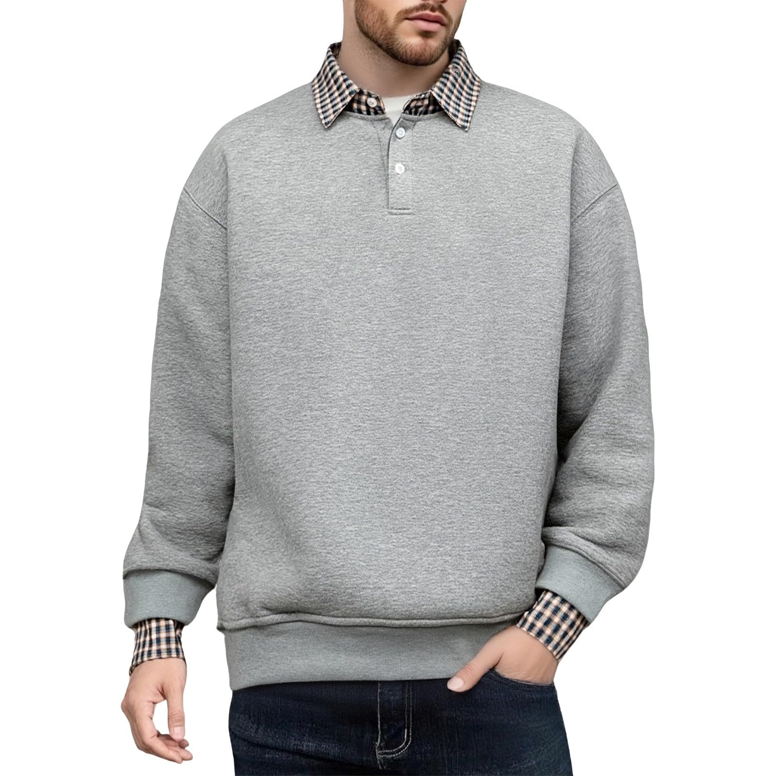Sudaderas De Hombre Men's Sports Casual Shirt Plaid Collar Button Sweatshirt Reflectantes Oversize Camisa Manga Corta Ropa Verano Proteccion Solar Vento Trabajo Chaqueta Sudadera