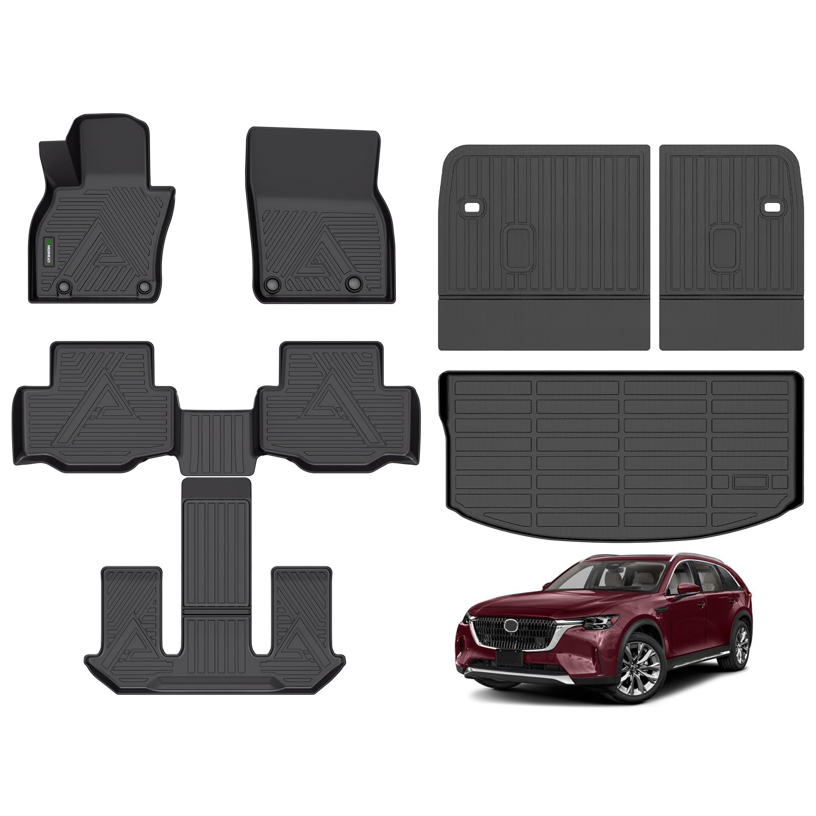 ANBINGO® Floor Mats & SeatBack Cargo Liner | 2024 Mazda CX90 7 Seater with 2nd Row Captain Seat or Bucket Seat (Velcro Tape Fixed Backrest) TPE 3 Rows Car Mat Waterproof Non-Slip CX-90 Accessories
