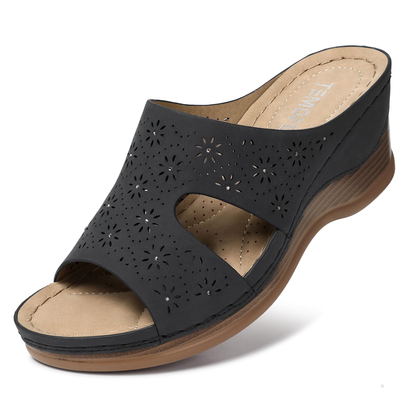 TEMOFON Women Wedge Sandals Dressy: Soft Leather Sandal, Rubber Sole, Comfortable Walking, Casual Slip on Summer Sandals
