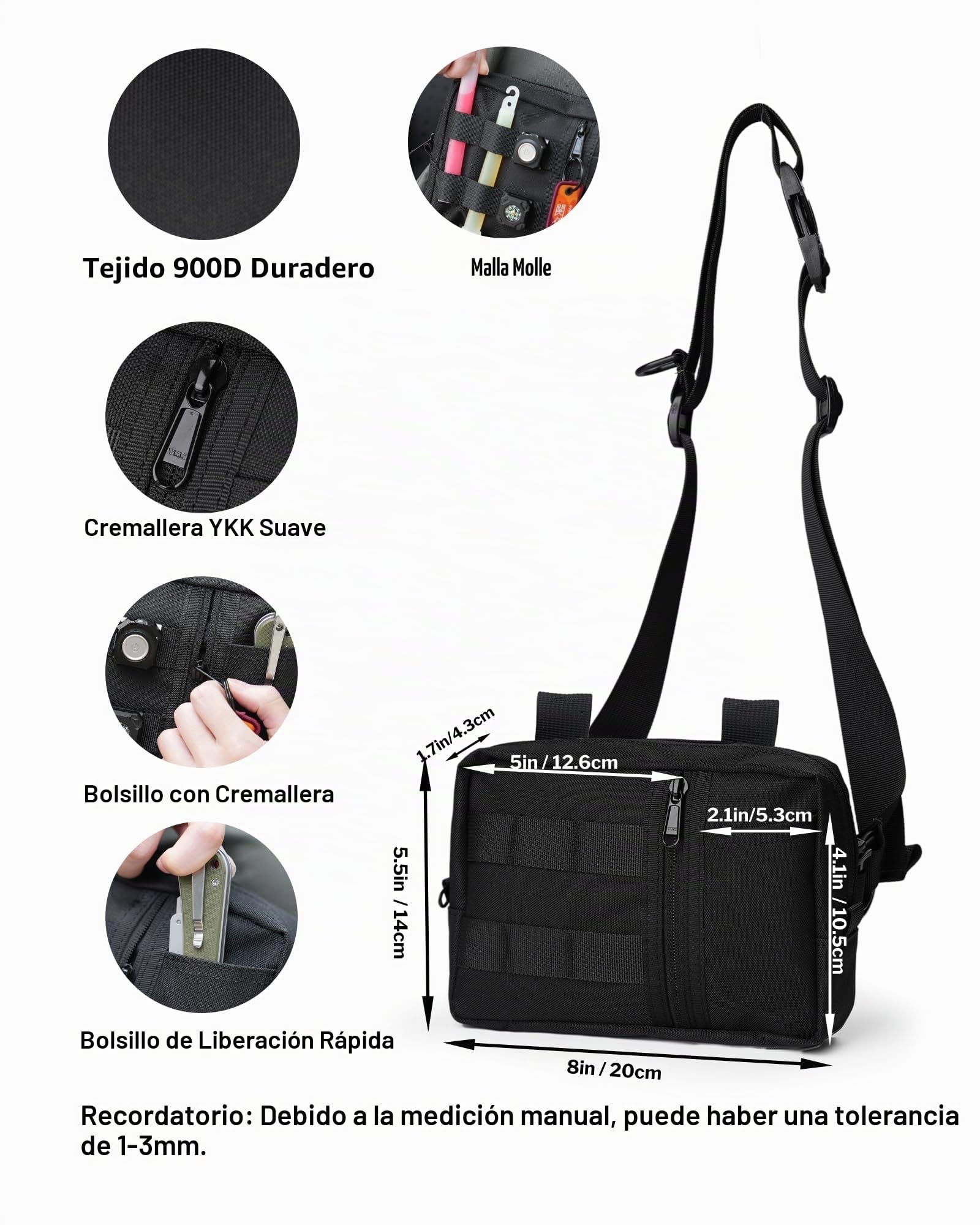 VIPERADE CHW2 Riñonera de Utilidad con 7 Bolsillos, Bolsa de Cadera para Exteriores, Nailon y Correa Ajustable para Viajes Senderismo Camping - Negro
