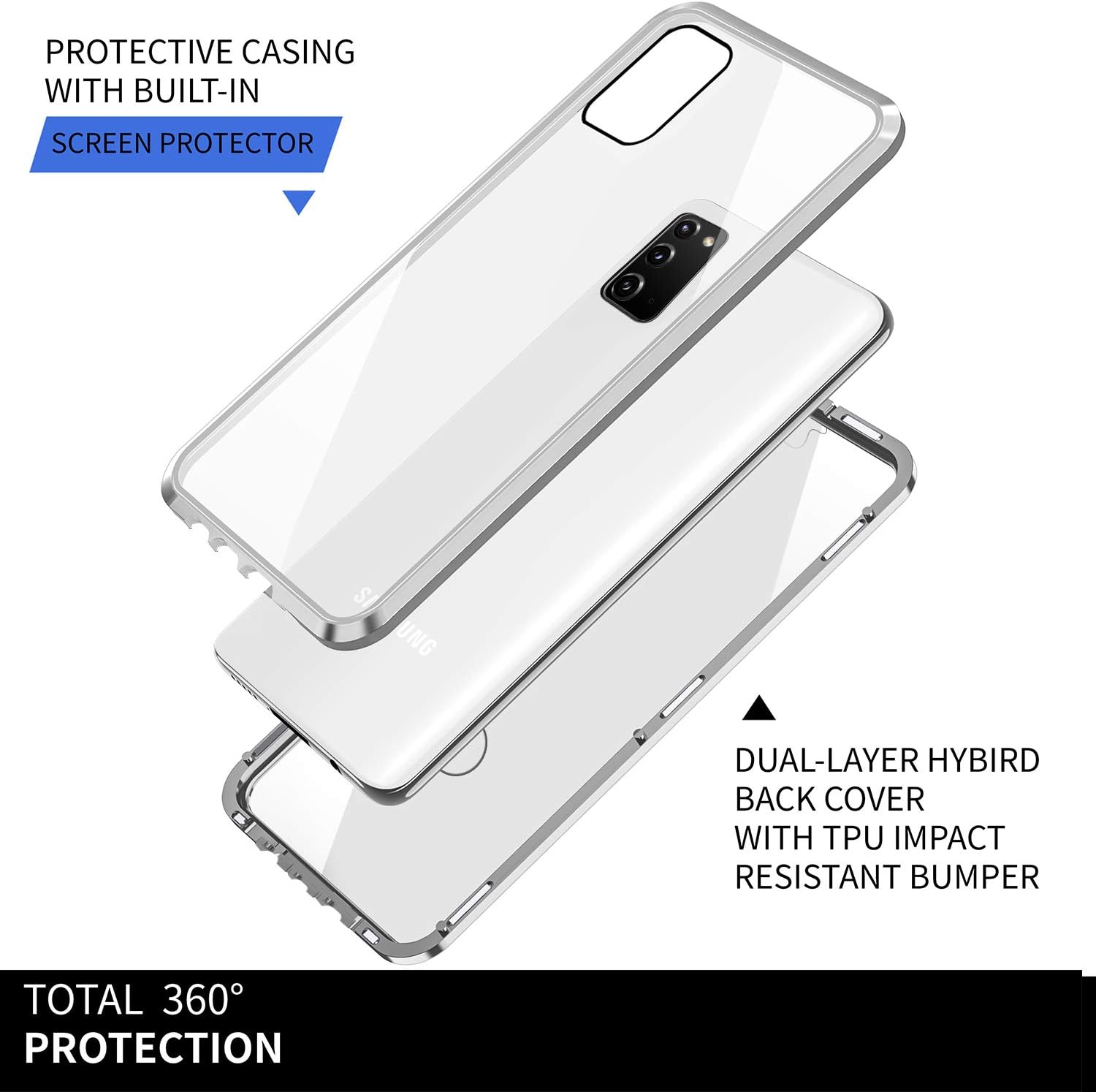 Samsung Note 20,ZHIKE Magnetic Adsorption Case Front and Back Tempered Glass Full Screen Coverage One-Piece Design Flip Privacy Cover for Samsung Note 20(Silver)