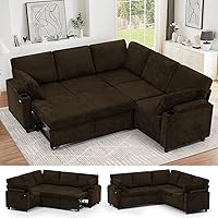 ACMEASE 85" Chenille Reversible Sectional Sofa Bed, L-Shaped Couch with Pull-Out Sleeper, Storage Armrests, Cup Holders, USB Ports & Pillows, Brown
