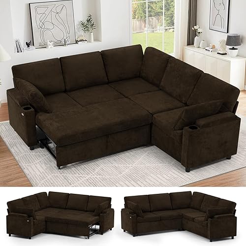 85" Chenille Reversible Sectional Sofa w/Pull Out Bed, Upholstery L-Shaped Couch w/Storage Armrests & Cup Holders, Modern Corner Sofa w/USB Charging Port & Throw Pillow for Living Room, Brown