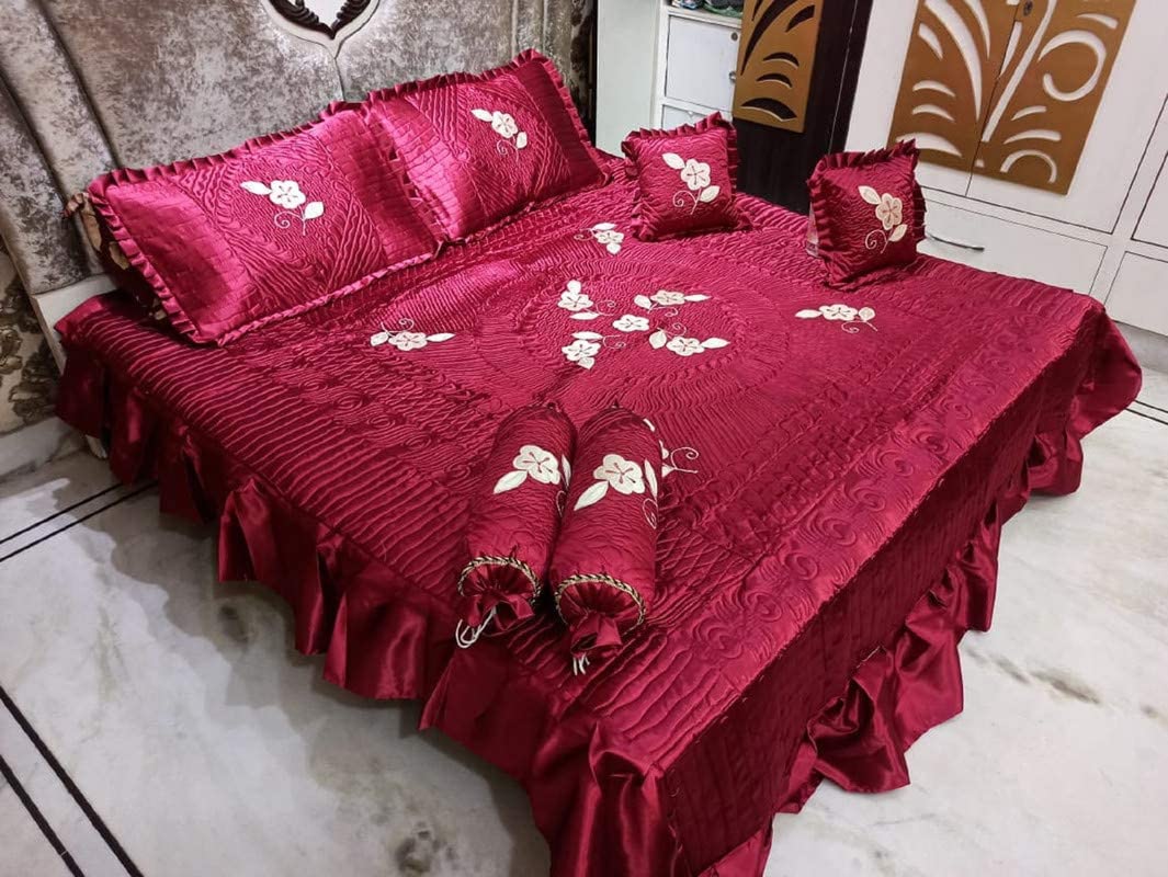 Gupta Enterprises Satin Wedding Bedding Set -One Double King Size Bedsheet/Bedcover, with Two Pillow Covers, Two Filled Cushions, and Two Filled Bolsters (Maroon, 100x108 Inches)-Pack of 7