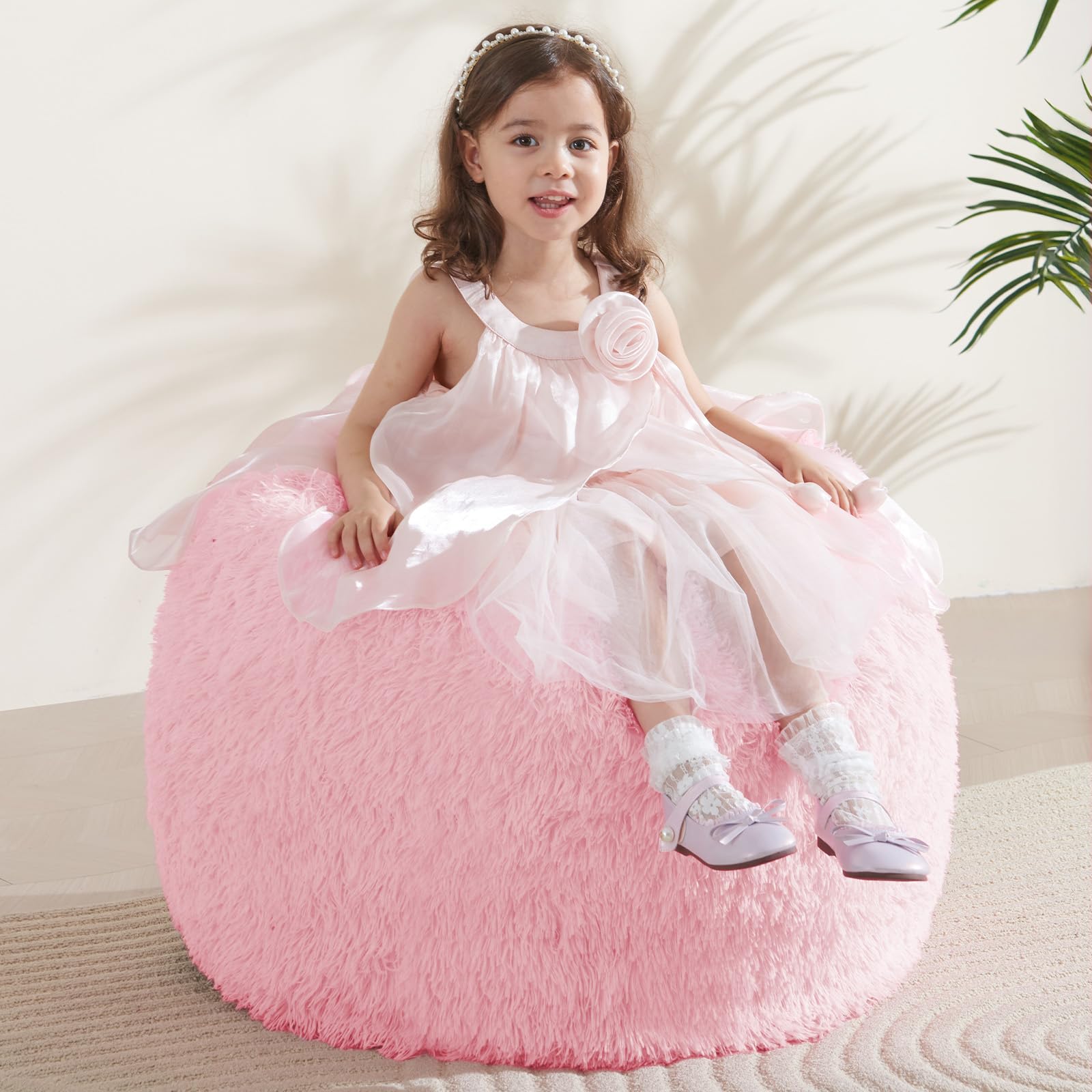 Bean Bag Cover (No Filler), Stuffed Animal Storage Bean Bag Covers for Kids, Soft Faux Fur Washable Cover with Pocket Handle, Comfy Fluffy Beanbag for Organizing Plush Toys, 27"x21" Pink