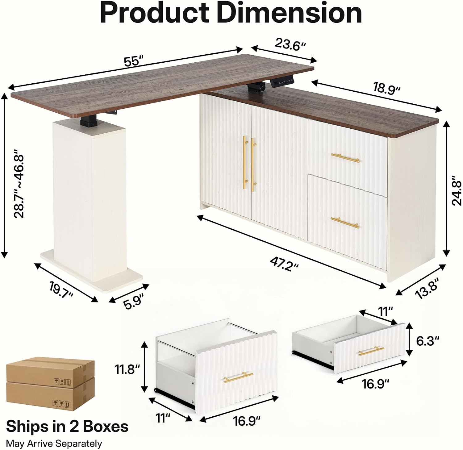 NORTHSKY 55'' L-Shaped Standing Desk, Electric Height Adjustable Sit-Stand Desk with Drawers & Storage Cabinet, Fluted Modern Corner Desk for Home Office, Rustic Brown